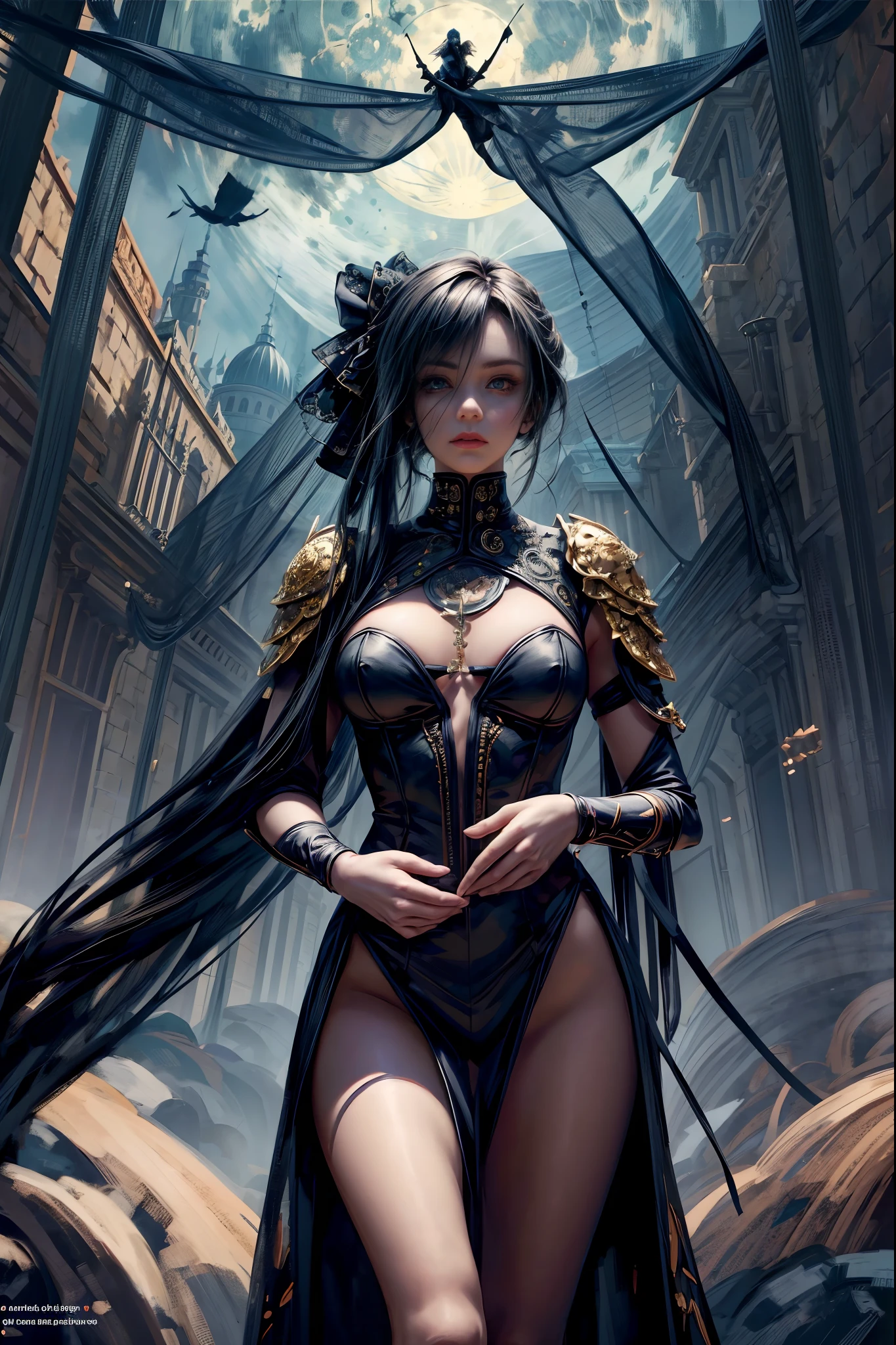 (masterpiece), (extremely intricate:1.3), (realistic), 1girl, solo, wearing a futuristic suit, crossing his hands, with black hair, robotic gear, blue eyes, moon background, wearing vocaloid dress, dark comic book, 2D illustration, anime fantasy, mysterious, fine-inking, Thick black-outlines, cel-shaded, contour, by alphonse mucha, artgerm, Town of Salem 2, darkest dungeon, iratus:lord of the dead