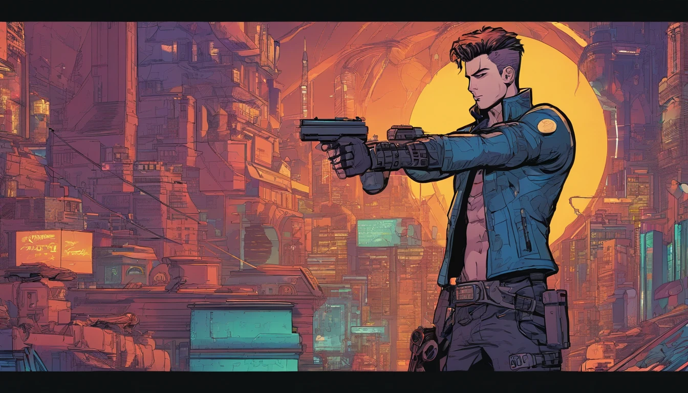 cyberpunk-style male character holding futuristic weapon, proportional body, detailed and proportional hands and arms, full hd, detailed, 4k, HD resolution, writing in the background (binho0mg), Comics, gamer setting, detailed