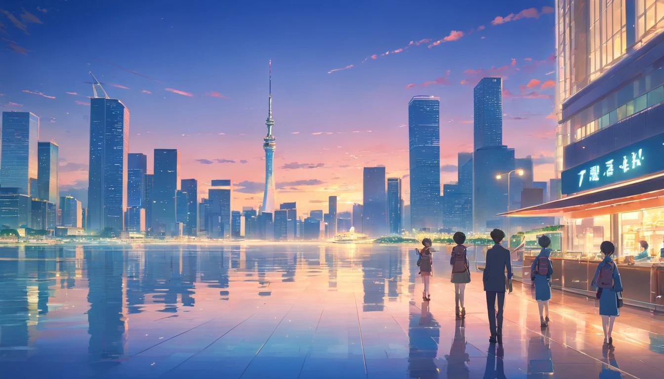 On the fresh waterfront plaza,Next to the promenade,A team of security guards is on patrol。They are reflected on the calm water。In the distance, Modern high-rise buildings rise from the ground。