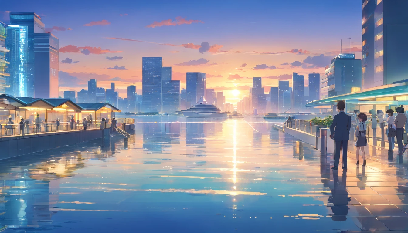 On the fresh waterfront plaza,Next to the promenade,A team of security guards is on patrol。They are reflected on the calm water。In the distance, Modern high-rise buildings rise from the ground。