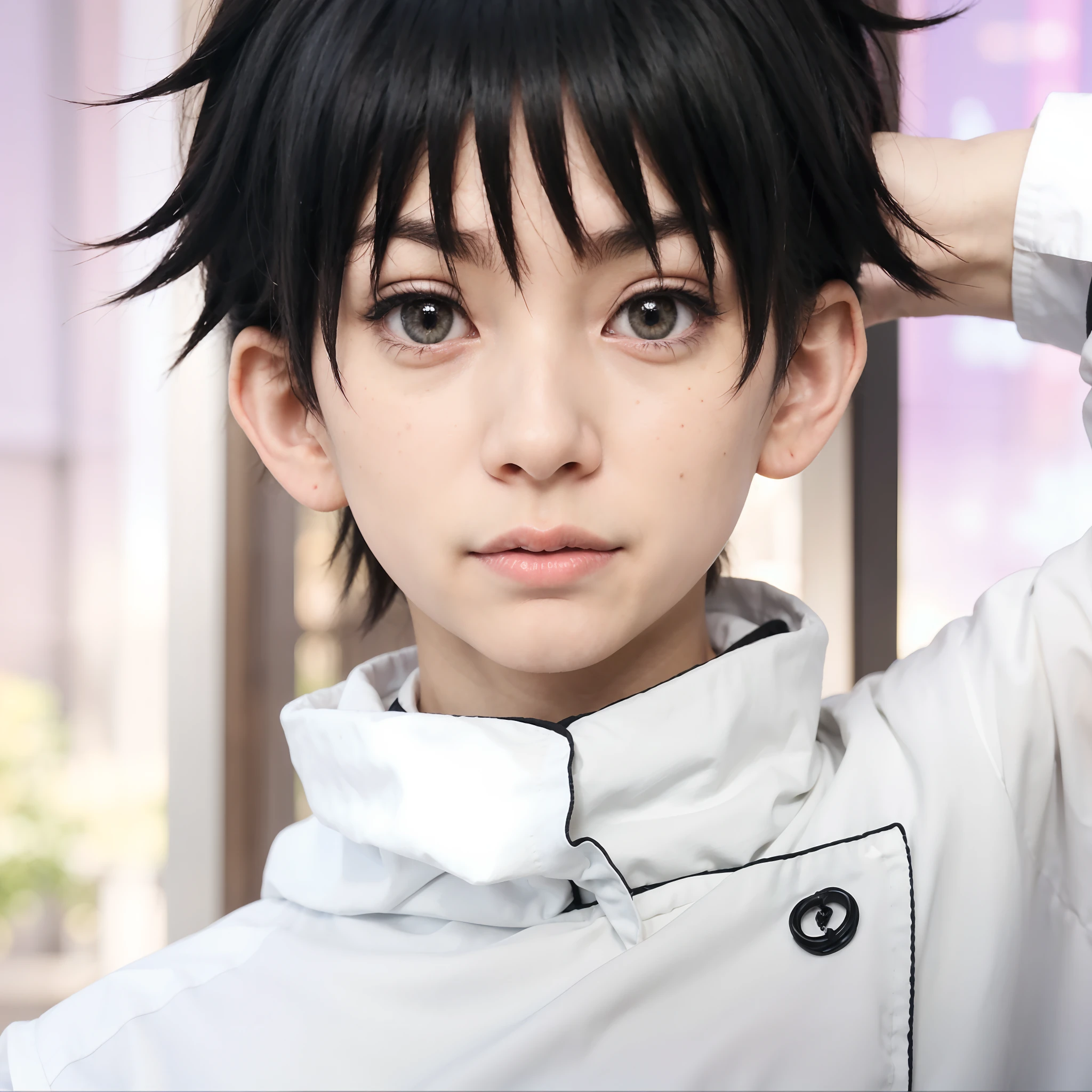 A boy with black hair and white shirt posing for a picture, with shocked expression, yuuta okotsu from Jujutsu Kaisen, High quality image, masterpiece, detailed hair texture, detailed skin texture, detailed cloth texture, 8k, add fabric details, ultra detailed skin texture, ultra detailed photo, skin pores, cloth details, high skin details, realistic hair details, detailed skin wrinkles