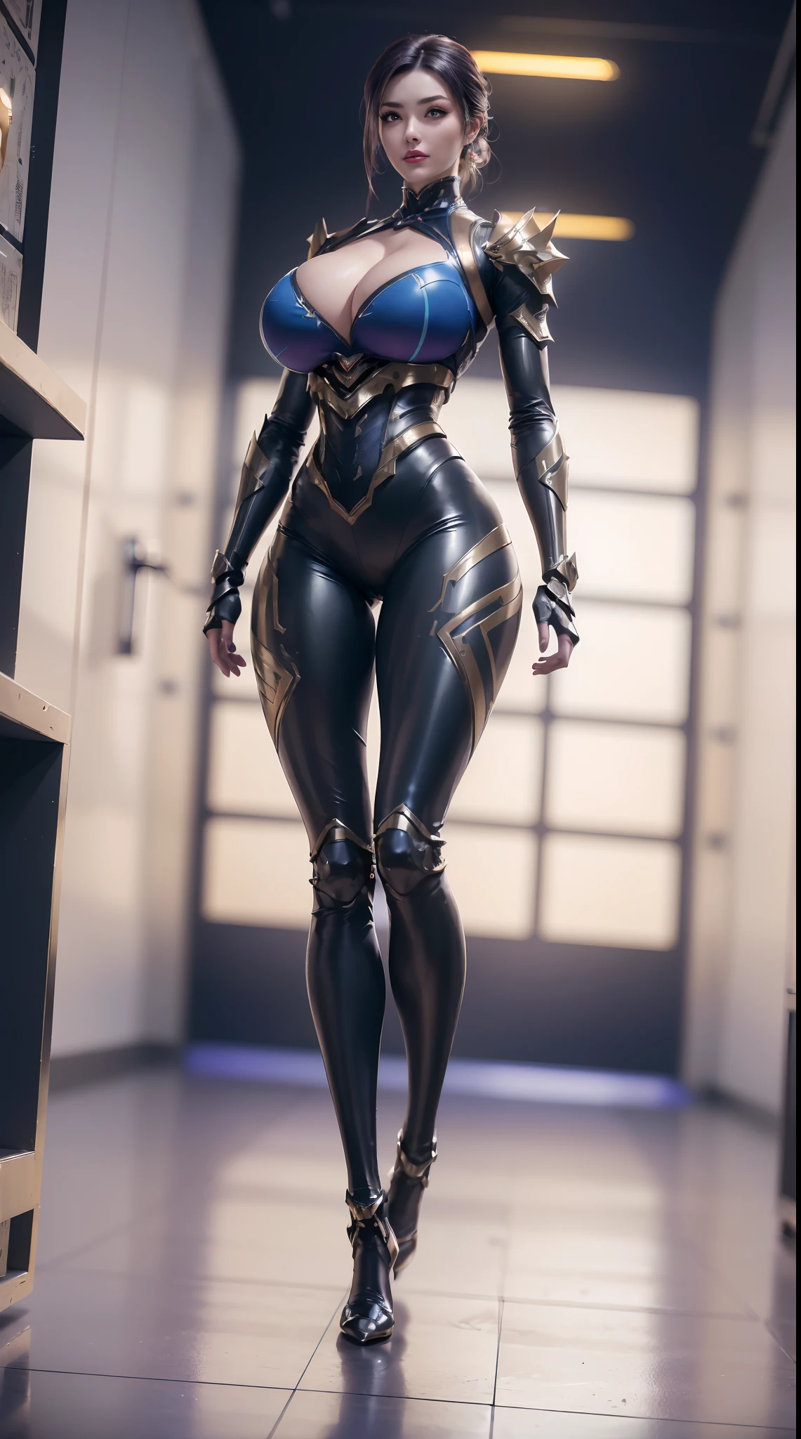 (1GIRL,SOLO:2), (super detailed face), ((BIG BUTTOCKS, HUGE FAKE BREASTS:1.5)), (CLEAVAGE TOP:1.5), (11 LINE ABS FEMALE:1.4), (MECHA GUARD ARM:1.4), ((WEAR PURPLE BLUE MECHA CYBER BREASTPLATE ARMORED, BLACK MECHA SKINTIGHT SUIT PANTS, MECHA GUARD ARMOR LEGS, HIGH HEELS:1.5)), (LEWD VOLUPTUOUS BODY:1.3), (GLOWING SKIN:0.8), (LONG LEGS, FULL BODY:1.1), (LOOKING AT VIEWER:1.3), (female focus:0.886), (WALKING DOWN HALLWAY OF FUTURISTIC SPACE STATION:1), (BRIGHT LIGHT WHITEROOM:1.3), SUPER TEXTURE, UNREAL ENGINE RENDER, PHYSICALLY-BASED RENDERING, ULTRA HIGHT DEFINITION, 16K, 1080P.