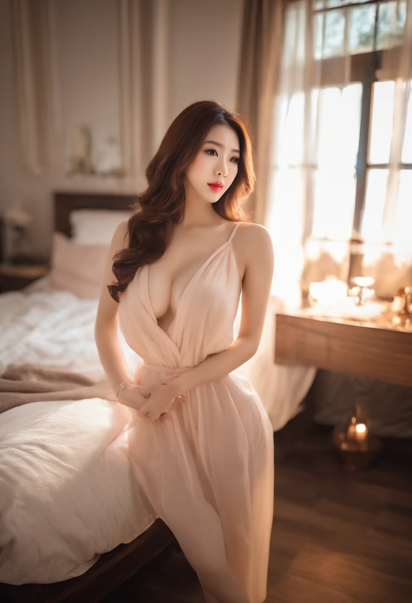 Chinese women completely , Sexy young woman, Ultra photo realsisim, detailed meticulous, Big breasts long legs red nail polish, wavey hair, A young woman's selfie, Bedroom and feet, Expose cleavage and show feet, Open your mouth，look straight at the camera, face with artgram, Subtle makeup, Stunning full-body shot kneeling on bed, in a  bedroom, Large bust