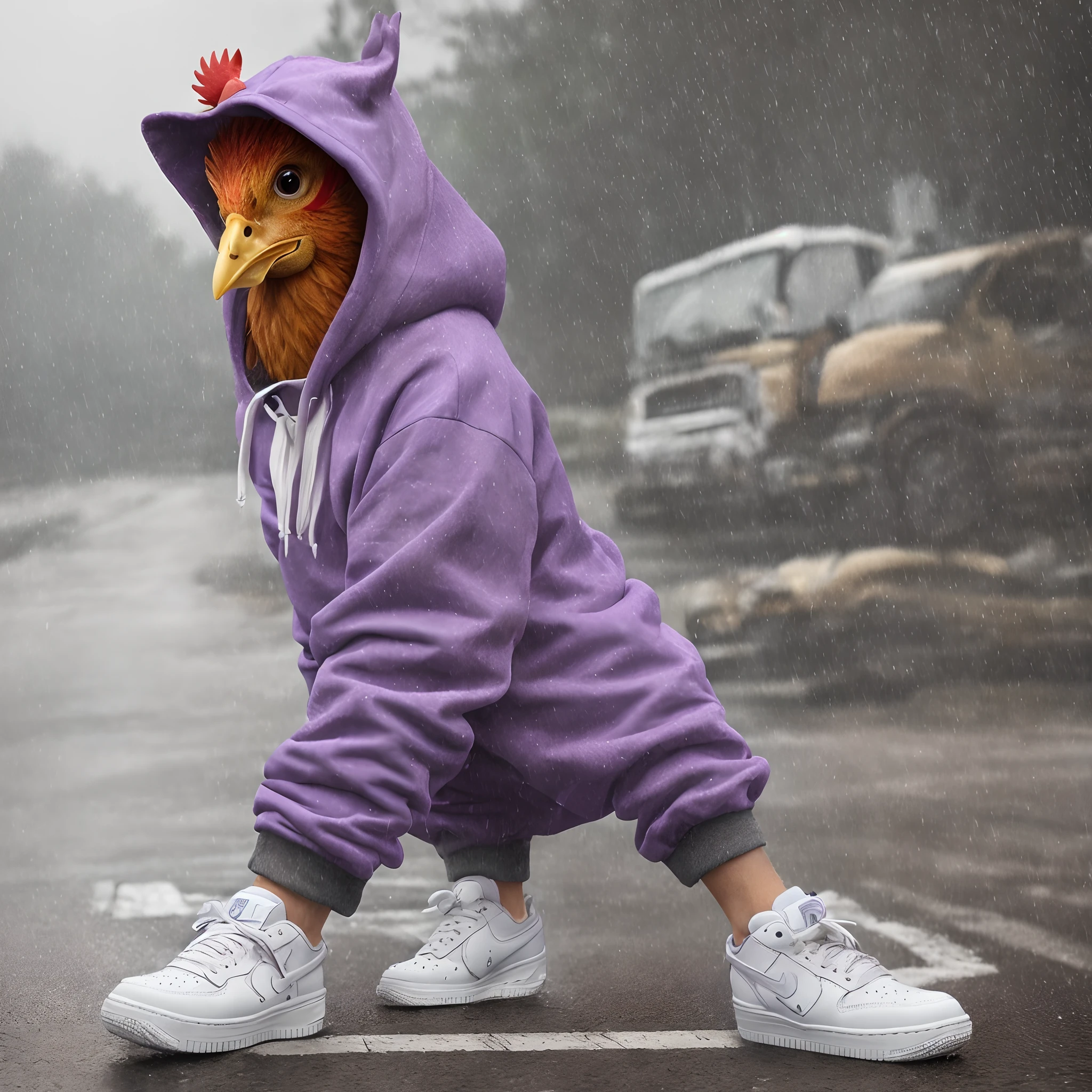 Realistic chicken on the road while its raining wearing a hoodie and air forces with purple sprite