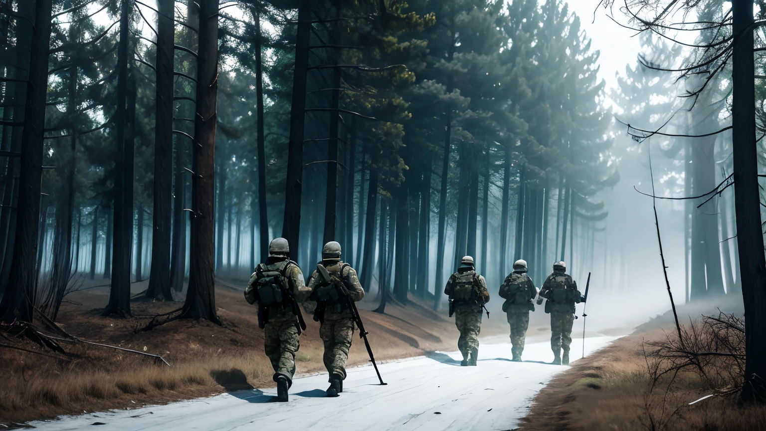 Mist in the Woods, Several soldiers holding guns、Walking in a low posture