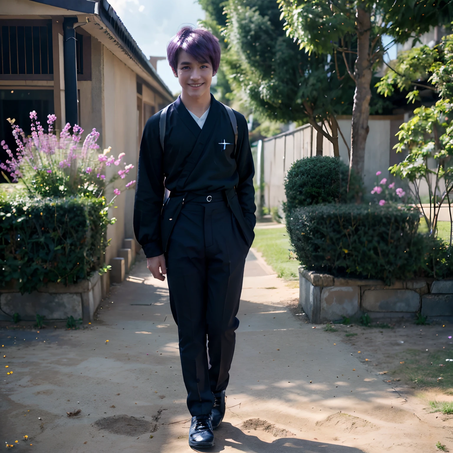 1 man with a small and handsome face, purple pixie hair, beautiful black eyes, cute body with Japanese school uniform, standing black trousers, garden view with blue sky and beautiful clouds, black tie, full body, smiling, realistic, hands details, detailed faces, detailed feet, detailed shoes, detailed clothes, detailed hair, detailed eyes and detailed views