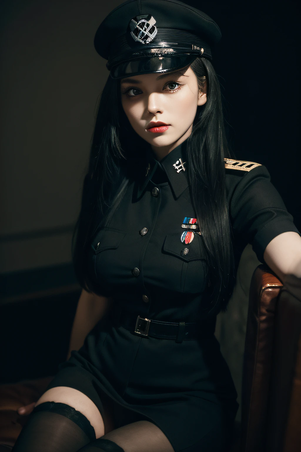 german third reich ss, black long hair, black stockings, devil's face, skull emblem military cap, masterpiece, best quality