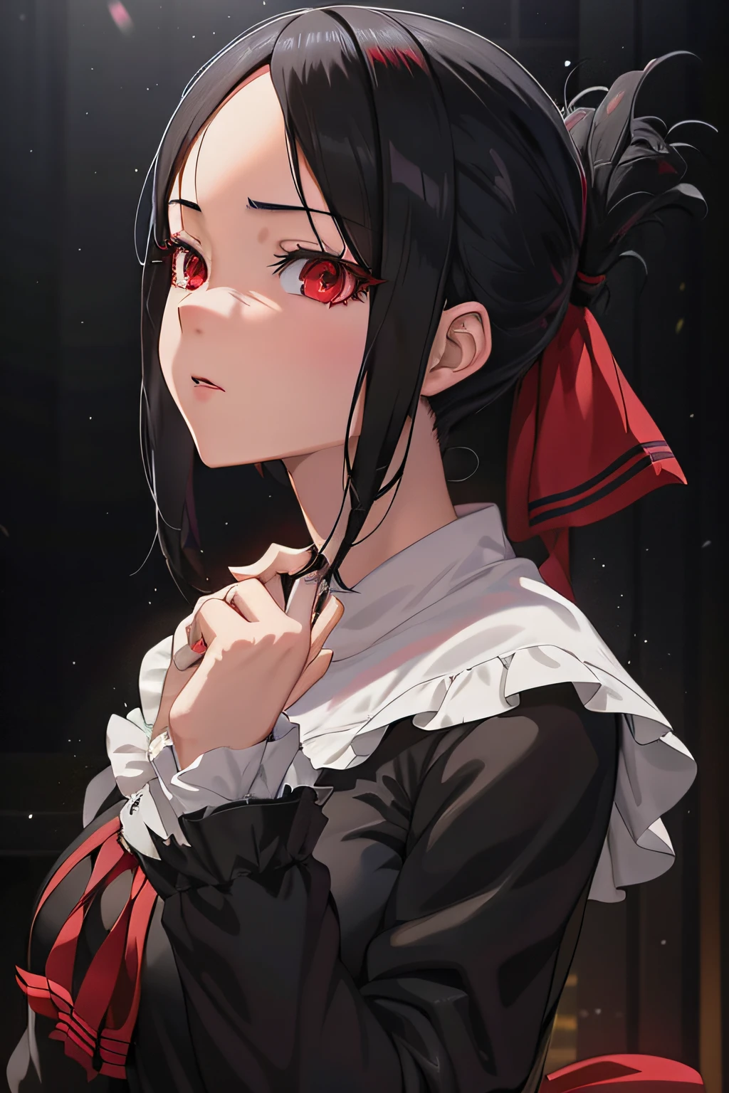 anime girl with black hair and red eyes in a black and white outfit, detailed digital anime art, clean detailed anime art, profile of anime girl, detailed portrait of anime girl, beautiful anime portrait, guweiz, portrait anime girl, anime visual of a cute girl, digital anime art, digital anime illustration, rin