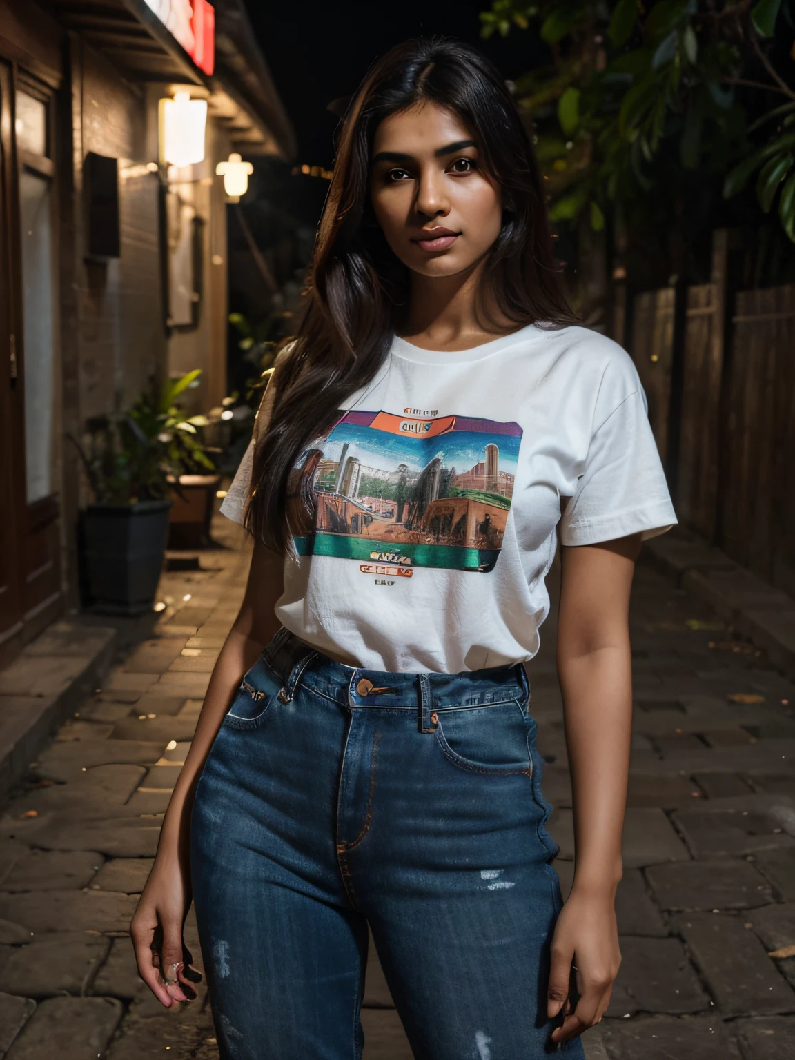 (best quality,highres:1.2),ultra-detailed,realistic:1.37,portraits,photography,indian model,oversized tshirt,jeans,3:4,mid-shot,natural lighting,vibrant colors,dark background,night ambiance