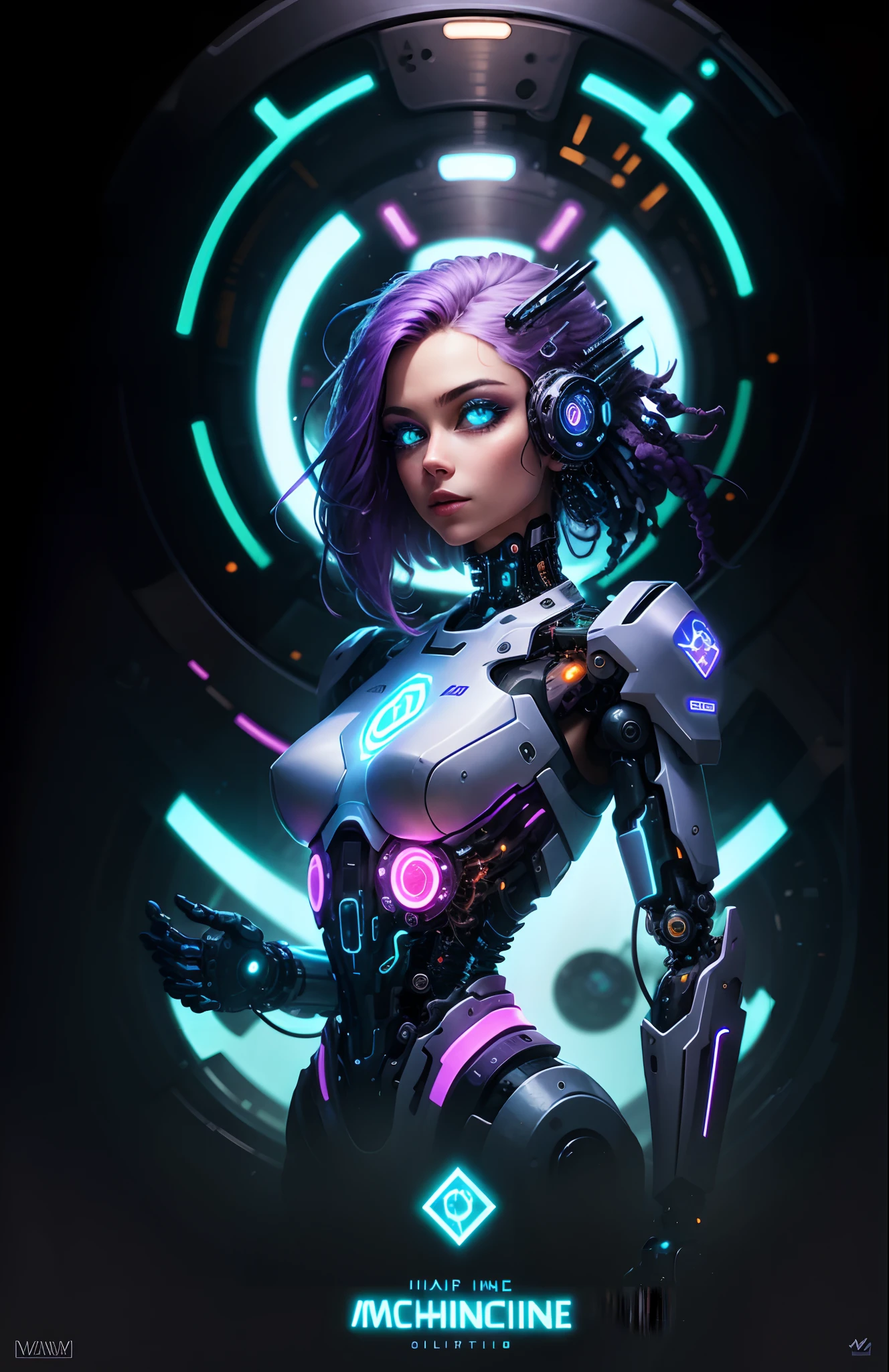 The logo features a stylized cyber waifu figure with smooth, modern lines. She is shown standing with an elegant posture and leaning slightly forward. Her hair flows in a digital waterfall with gradient colors ranging from light blue at the tips to a deep purple hue at the roots. His eyes are bright and futuristic, with a cybernetic glow to them. On his chest, right above his heart, is a small icon representing a gear, symbolizing the "machine" in "Stupid Machine". This gear is minimalist and in silver tones. The typography "Stupid Machine" is written below the figure in a modern, stylized font. The text is a cybernetic tone that matches the figure, and the letters have a futuristic look.