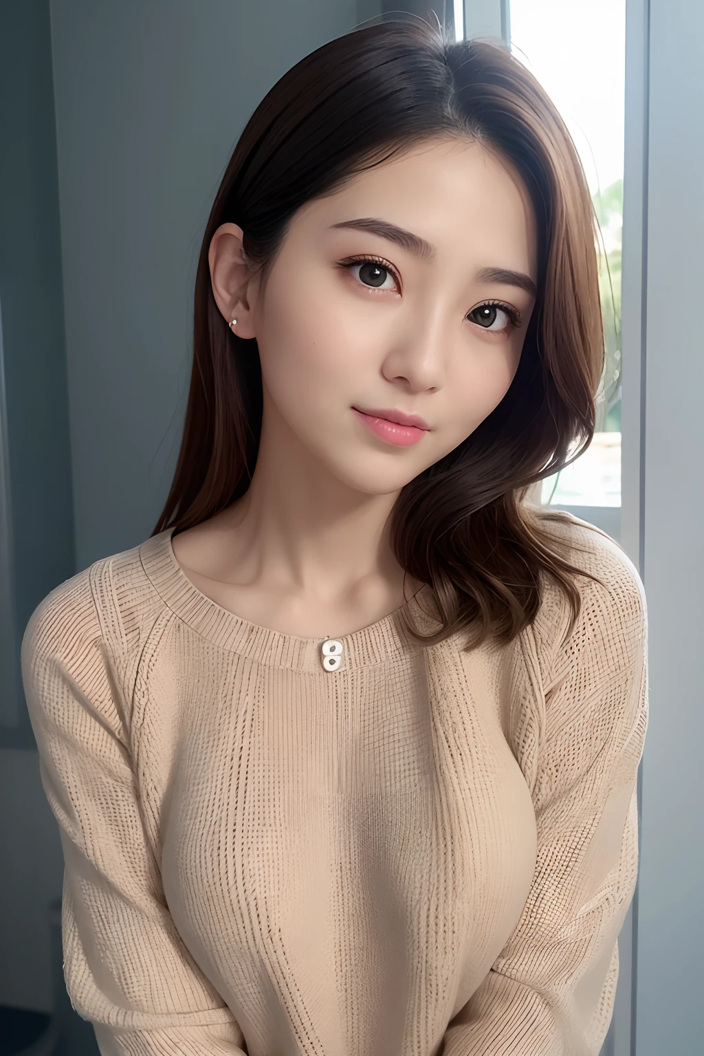 20-year-old beauty、face and body facing forward、The mouth is closed、Upscaling from the navel up、Breast Abundance、light brown shorthair、Light brown eyes、1girll、Large bust visible through red knitwear、(Photorealsitic)、(intricate detailes)、(​masterpiece)、(top-quality)、(超A high resolution)、超A high resolution、(A detailed eye)、(detailed facial features)、8K分辨率、(lensflare)、Small face