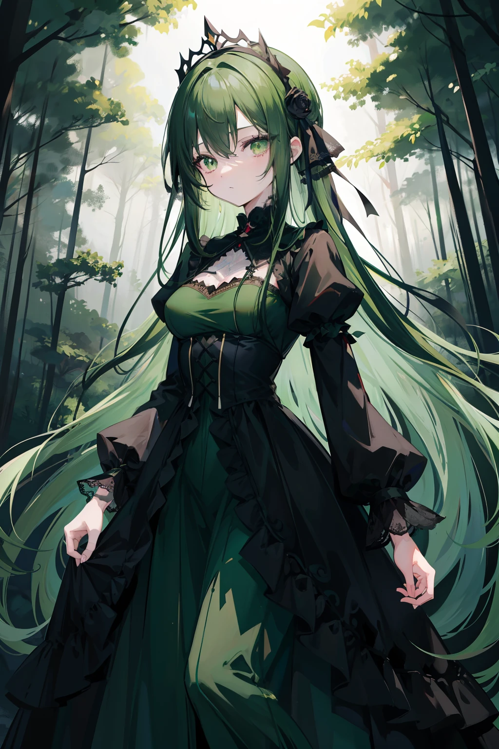 anime girl, long very dark green hair, beautiful green eyes, in a beautiful black and dark green long sleeved dress with white lace, hair accessories, standing in the middle of a dark forest, good anatomy, looking at viewer, neutral expression 8k, high resolution