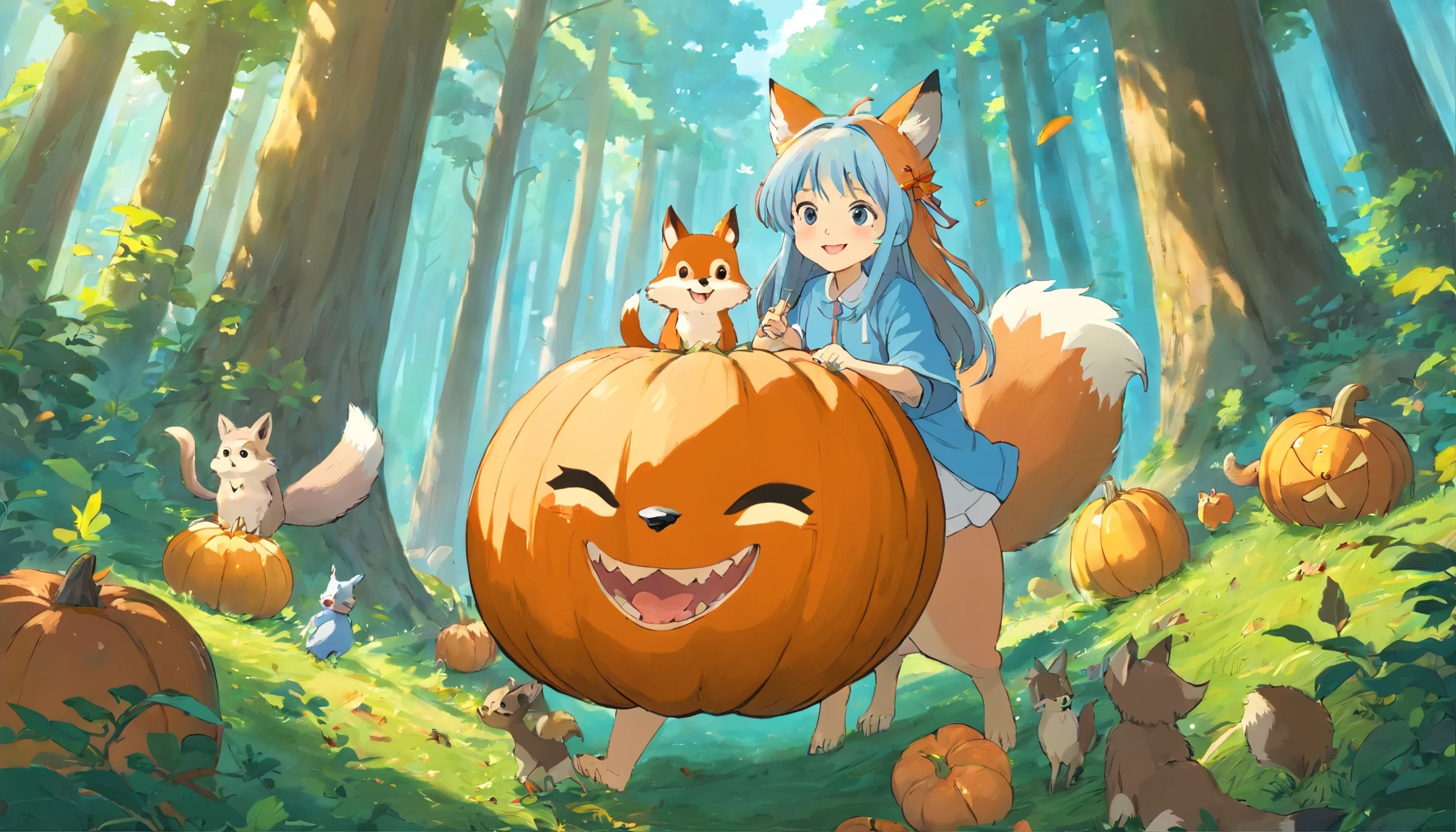 Pretty girl、Light blue long hair、adorable smiling、 児童書, Giant pumpkin, foxes, Squirrels and owls, at a forest, pleasing, Cheerful, stas