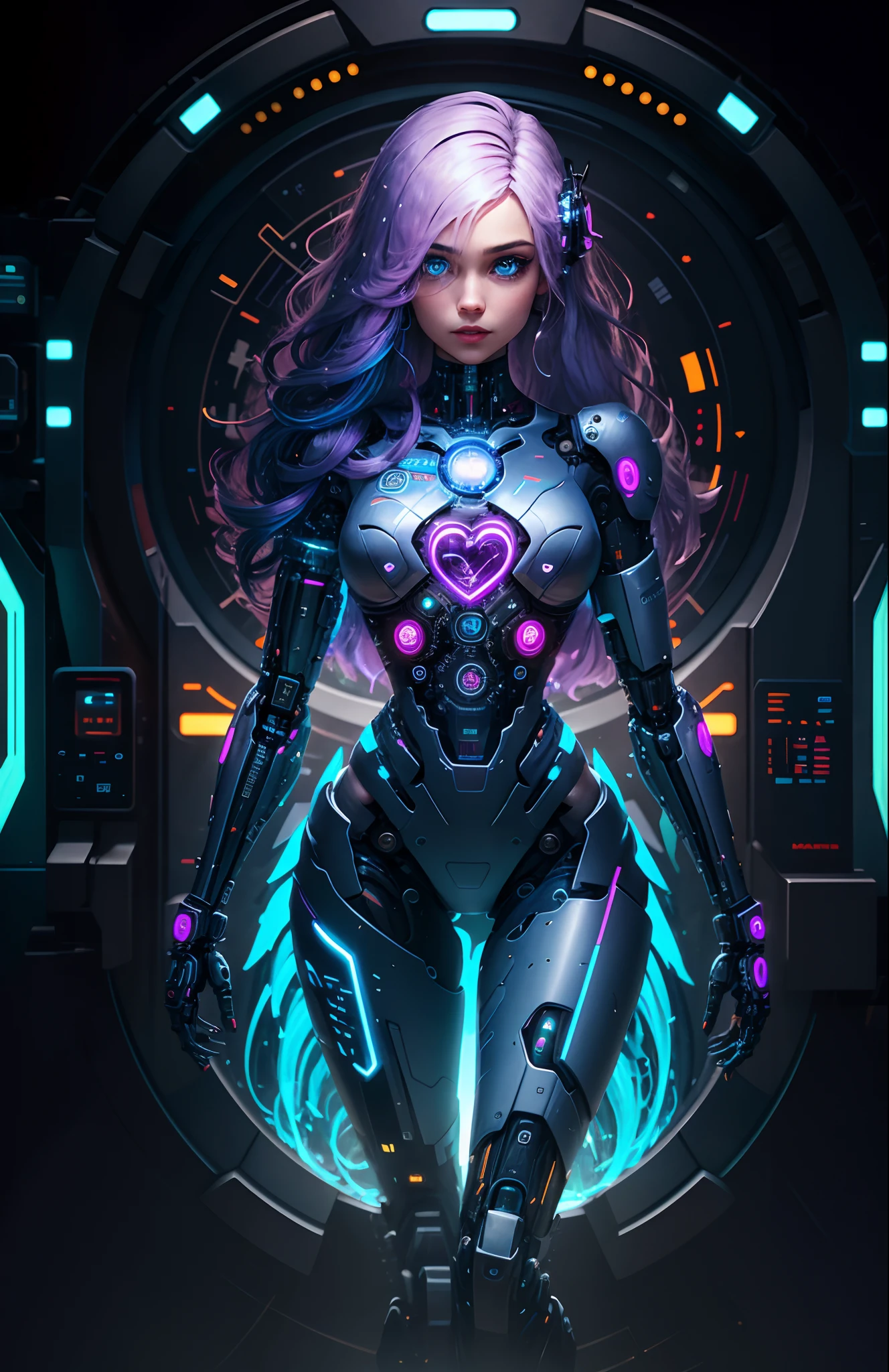 The logo features a stylized cyber waifu figure with smooth, modern lines. She is shown standing with an elegant posture and leaning slightly forward. Her hair flows in a digital waterfall with gradient colors ranging from light blue at the tips to a deep purple hue at the roots. His eyes are bright and futuristic, with a cybernetic glow to them. On his chest, right above his heart, is a small icon representing a gear, symbolizing the "machine" in "Stupid Machine". This gear is minimalist and in silver tones. The typography "Stupid Machine" is written below the figure in a modern, stylized font. The text is a cybernetic tone that matches the figure, and the letters have a futuristic look.