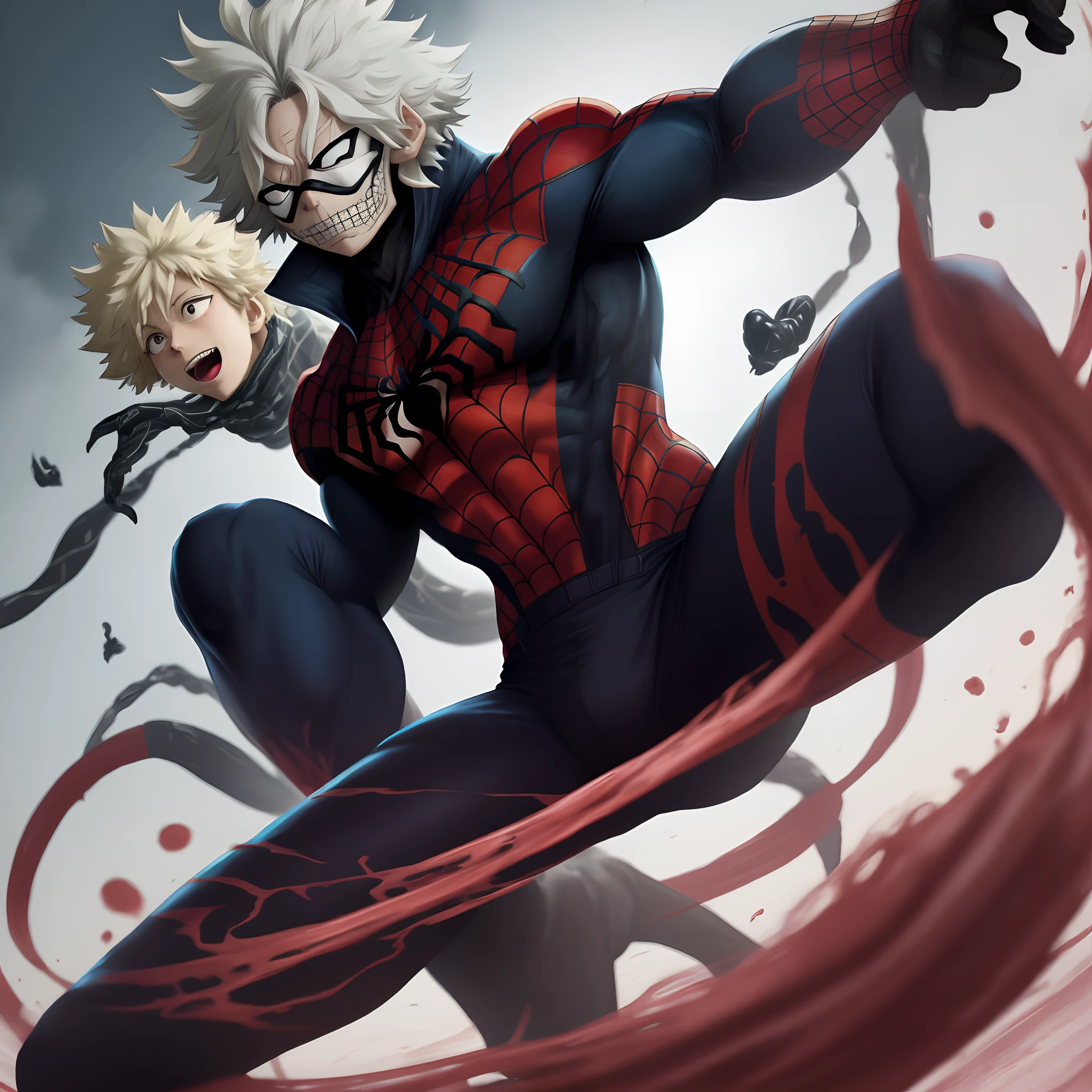 Tomura shigaraki con el traje negro Venom ( personaje de my hero academia) unido con venom(villano de Spiderman)(simbionte)