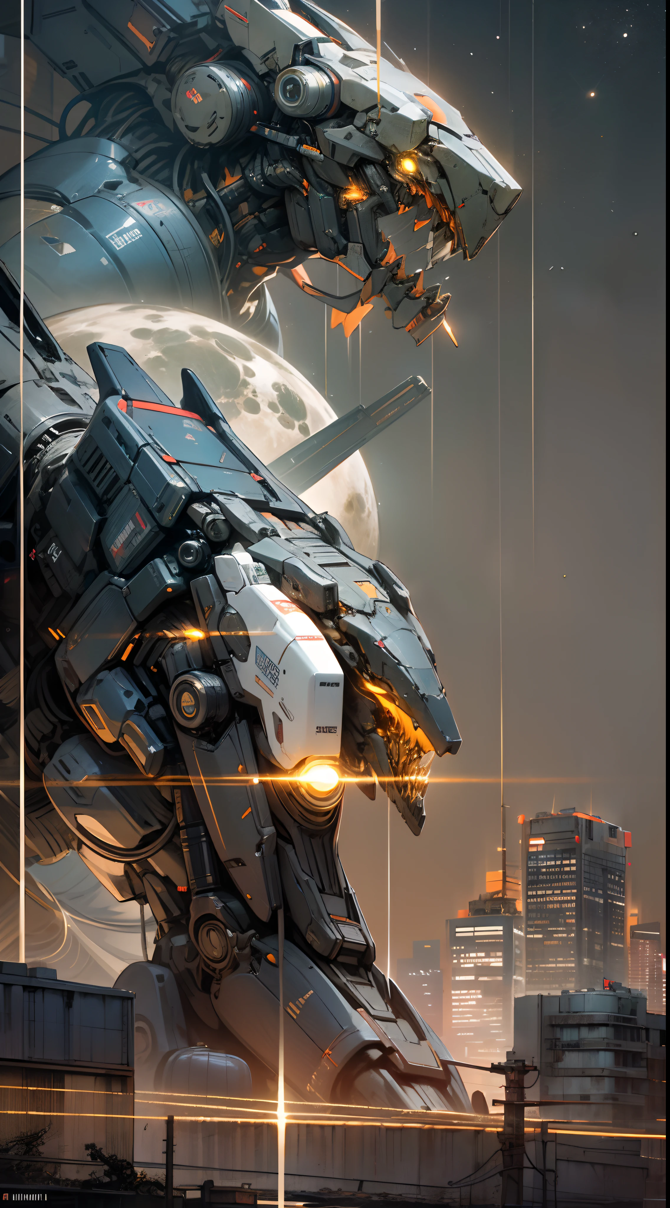 On the moon,barren planets, ruins, holding_weapon, no_humans, glowing, robot, building, glowing_eyes,orange mecha, science_fiction, city, realistic,mecha,Milky Way Galaxy background,neon,cyberpunk,