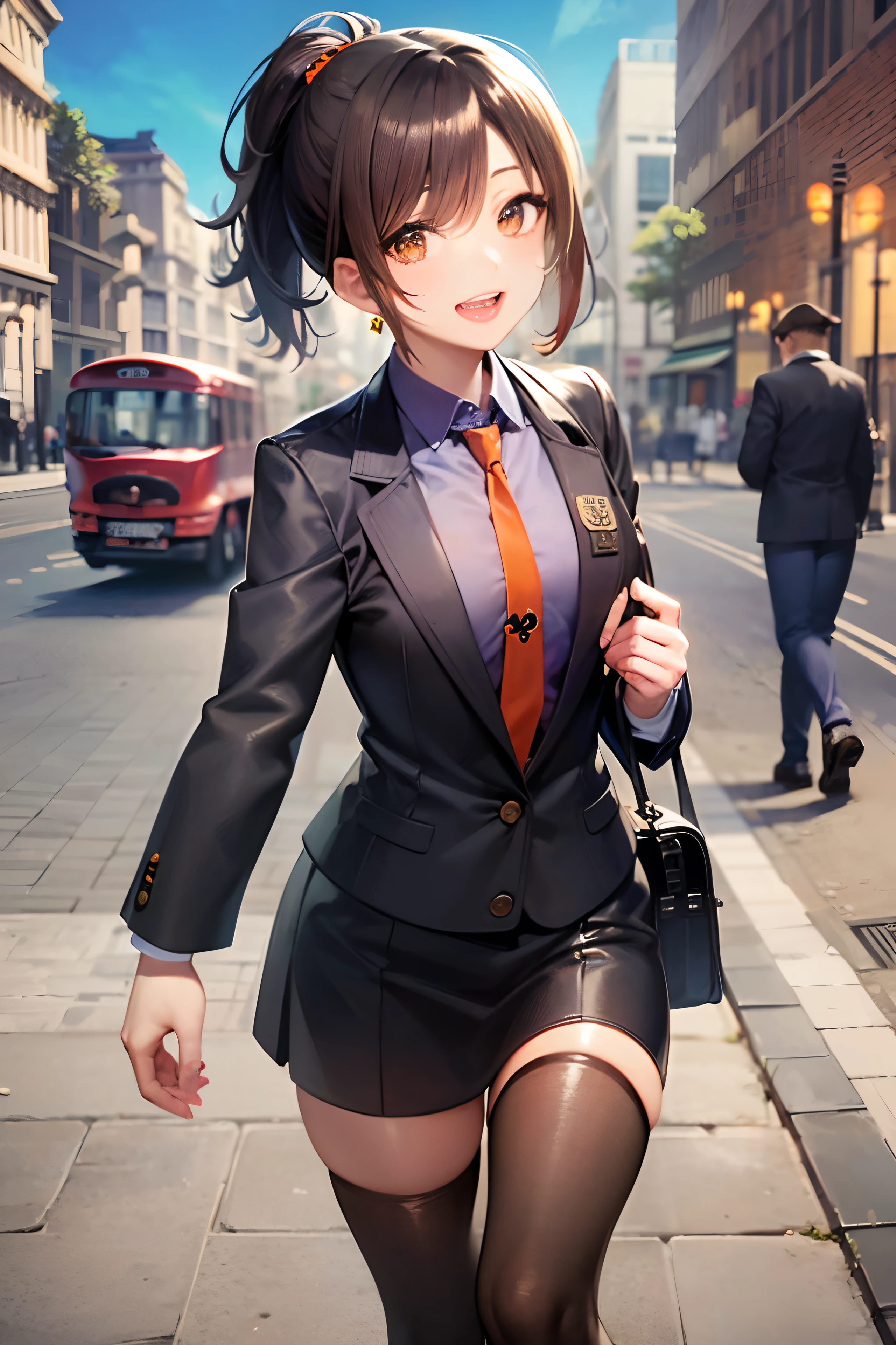((tourist:1.5)), ((London Sightseeing:1.5)), BREAK, ((In Kyoto Animation Style)), masutepiece, Professional Lighting, Detailed face, Detailed eyes, super precision, Extremely beautiful, Princess Face, 1 girl, Sexy Girl, ((Solo:1.5)), 20 years old, ((Cowboy Shot:1.5)), Dynamic Poses, Cute face, Boyish girl, BREAK, ((Dark hair:1.5)), ((shorth hair:1.5)), Straight hair, ((Short ponytail)), Black eyes, ((Smaller breasts)), BREAK, ((orange necktie:1.5)), Downtown London, A city scape, A slight smil, Slightly open mouth, (Walking), kawaii faces, (full body),