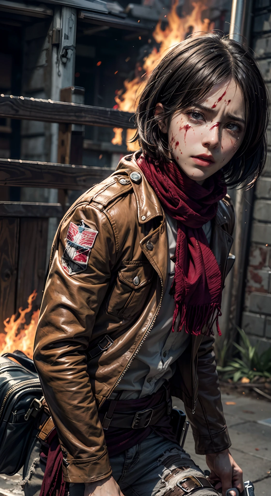 (masterpiece), (hyper realistic), Attack on Titan, half body shot, Mikasa Ackerman, Crying, sadness, Tears, A maroon scarf around his neck, blood stains on his face and clothes, dinamic lighting, dramatic fire background