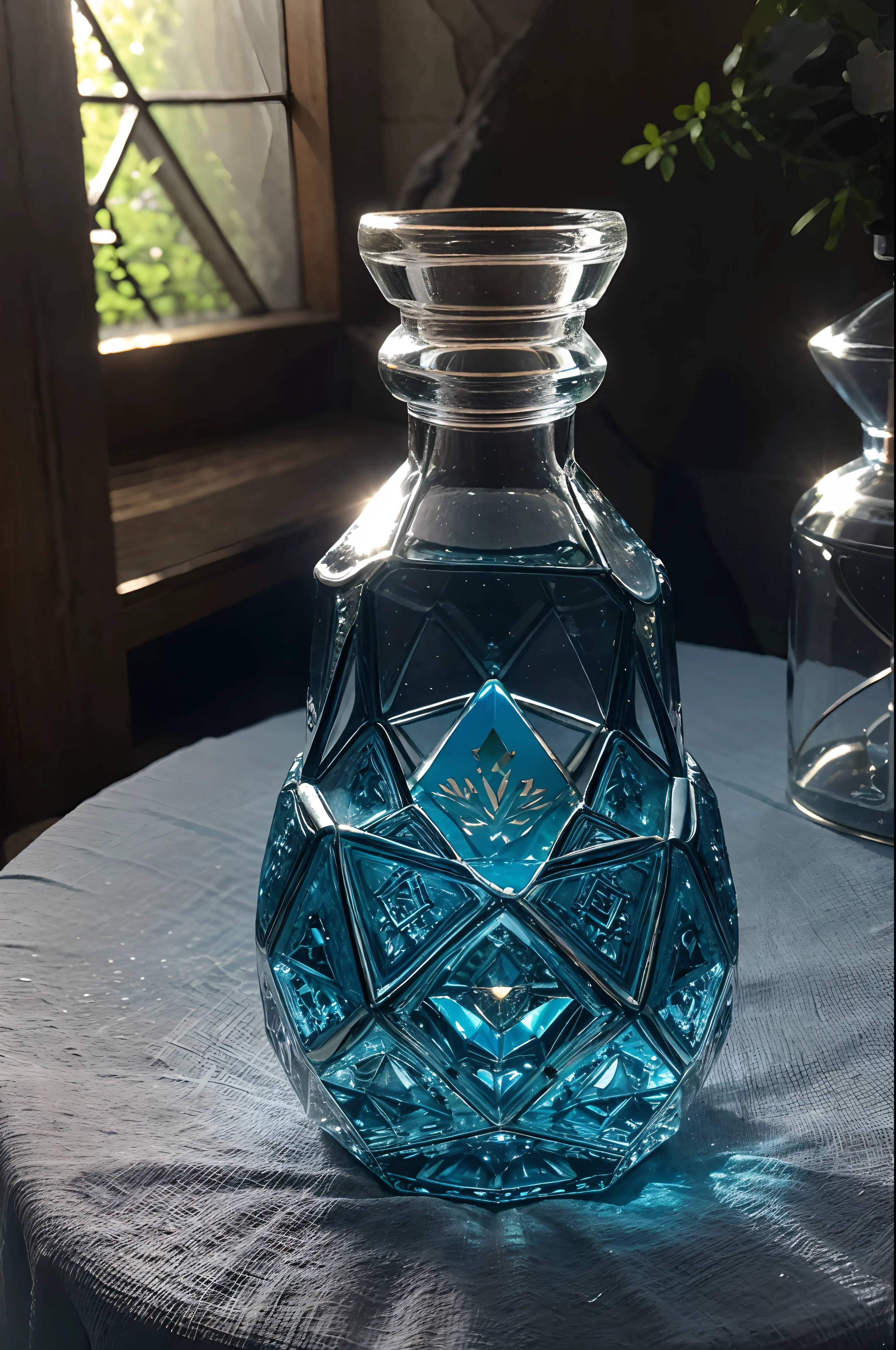 The Healing Elixir, ensconced within an intricately cut, faceted crystal vial, possesses a delicate, scalloped base. Radiating a soothing, healing blue glow, it is carefully placed atop an ancient, stone alchemical table adorned with intricate runes. The aged surface casts gentle, dappled patterns of light and shadow, while a fine mist hovers, entwining with the soft, healing blue moss that blankets the table. This serene backdrop, with its secret past, adds a sense of profound rejuvenation to the atmosphere, where ancient wisdom meets the tranquil art of healing.