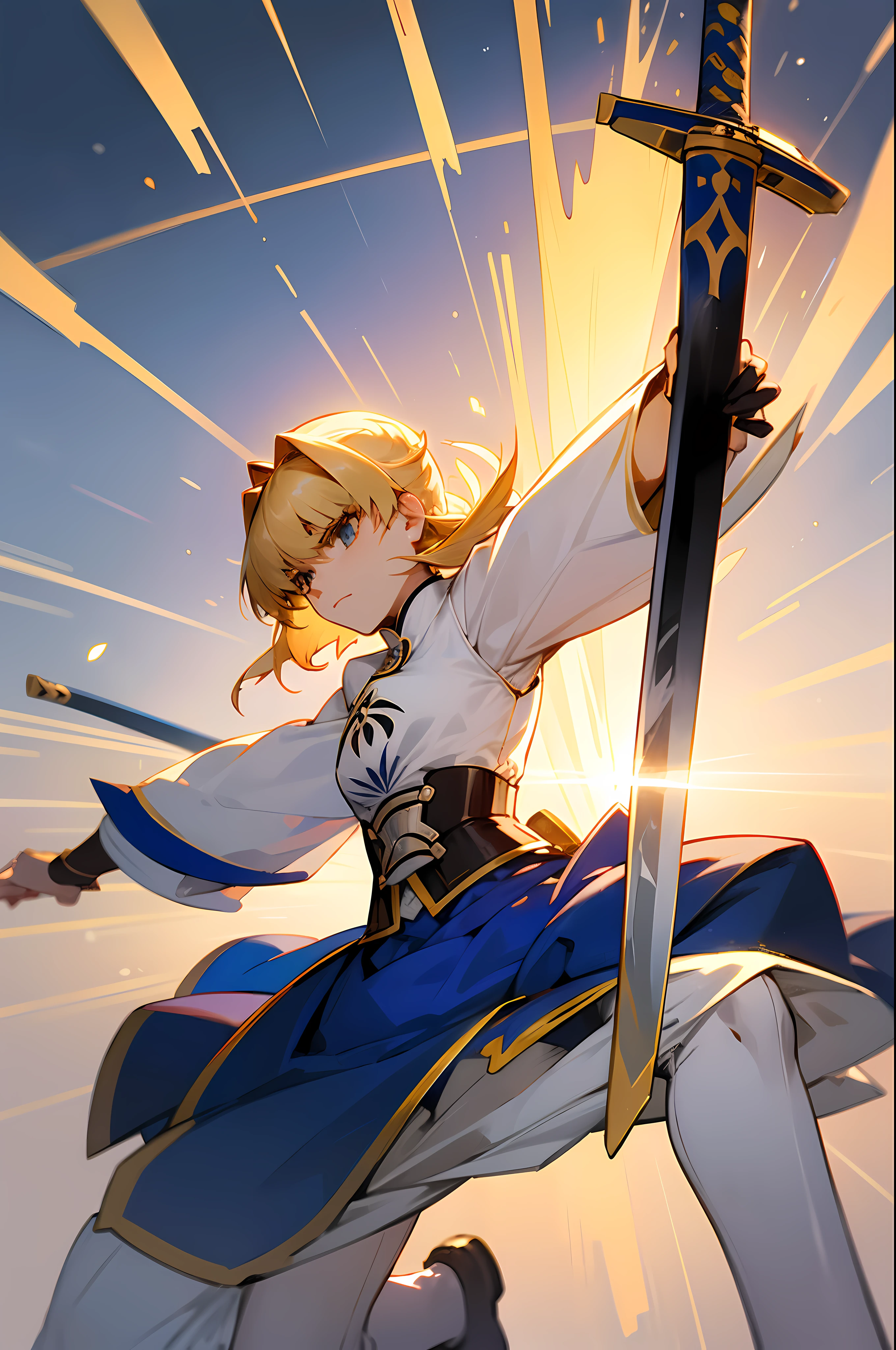 Saber(Fate Grand Order) 1 girl , blond hair , holding a enchanted Katana, i the middle of the war , slashing enemies in to pieces, while jumping in the air , backflip