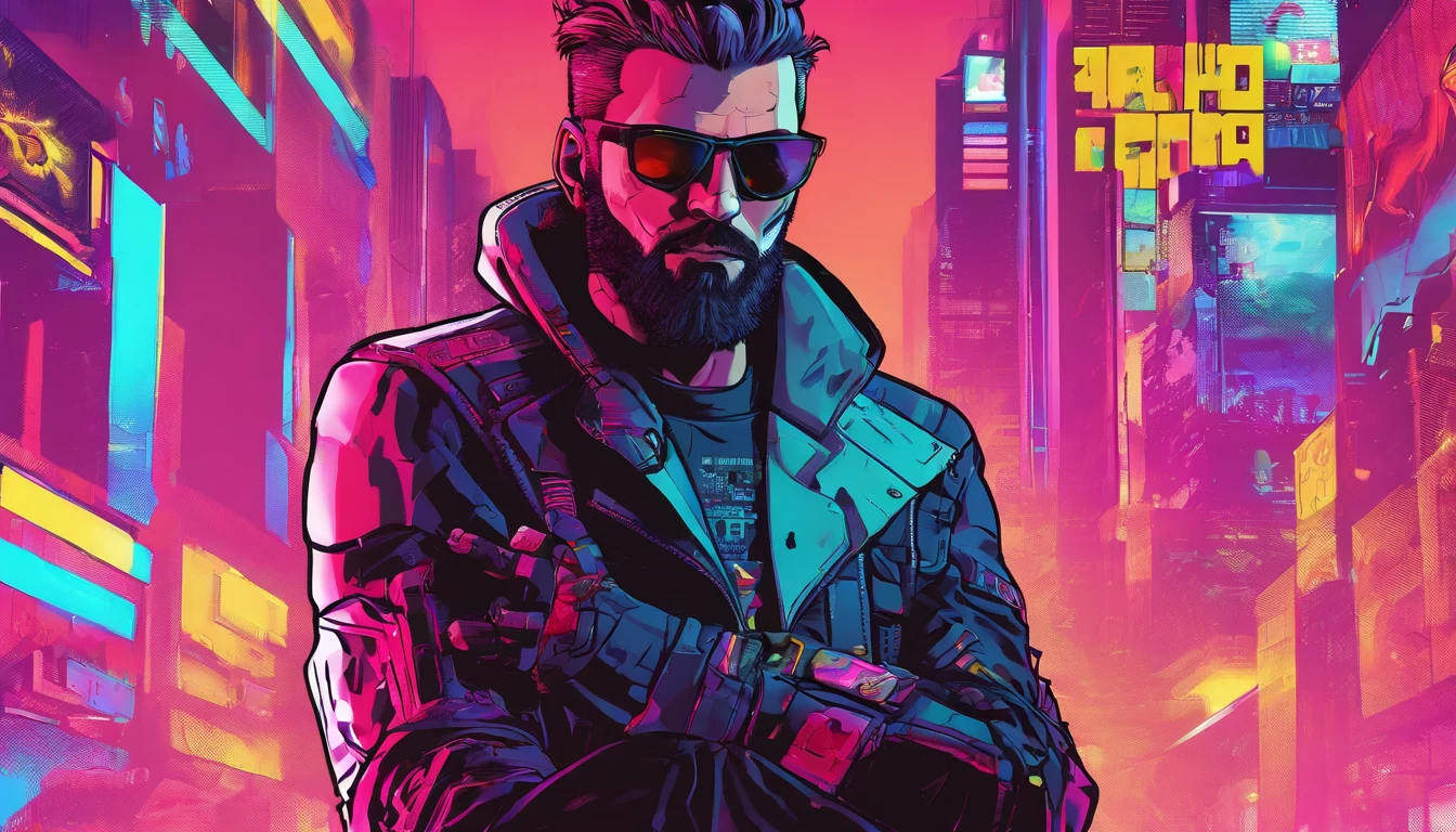 Male character with unshaven beard, hands detailed and proportional to reality, comic book style, character holds a futuristic gun and in the background is written Binho0mg, like Marvel comic book cover