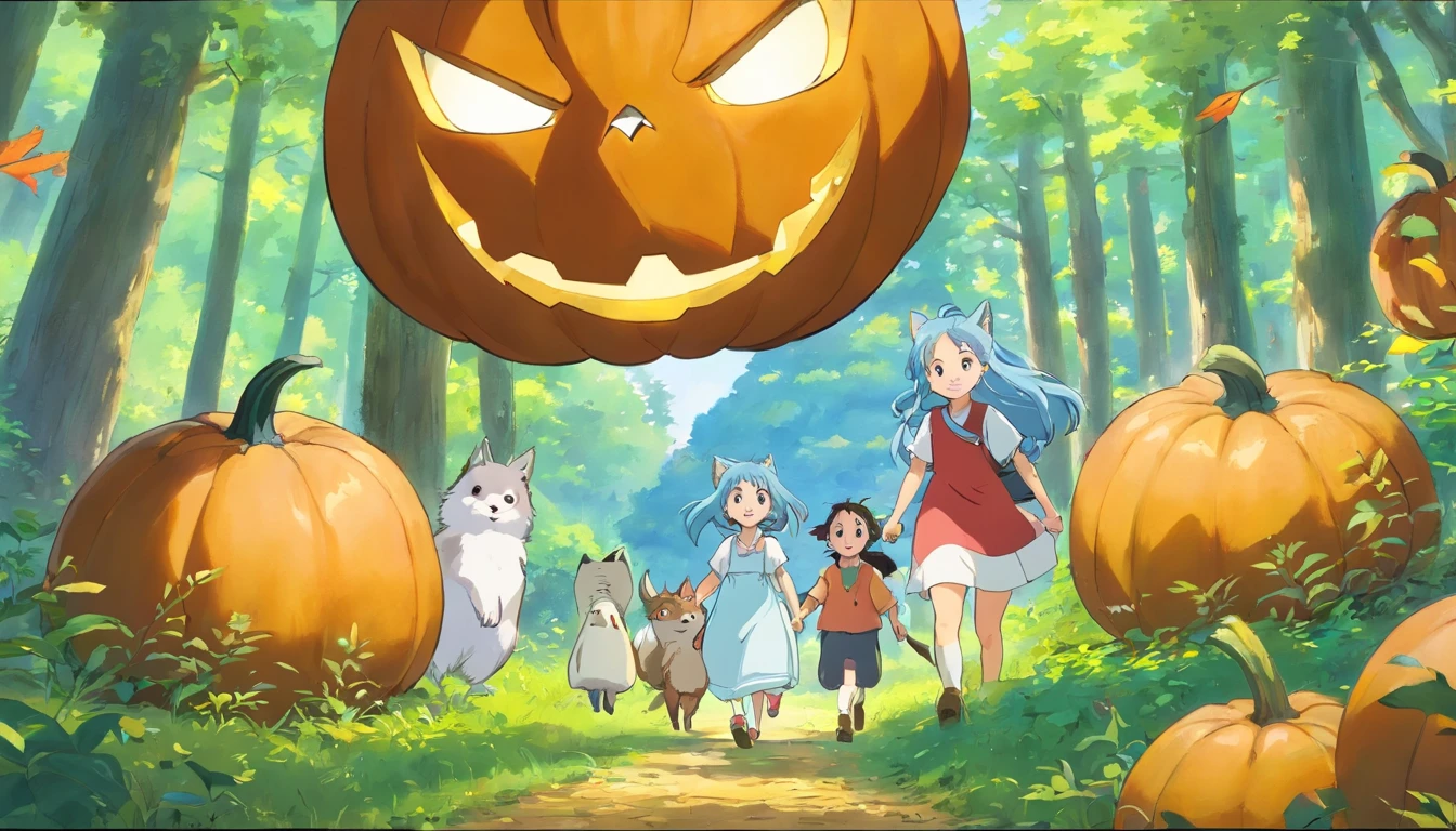 Pretty girl in the center、Bigger in the center。Light blue long hair、adorable smiling、 児童書, Large pumpkin, foxes, Squirrels and owls, at a forest, pleasing, Cheerful, stas、