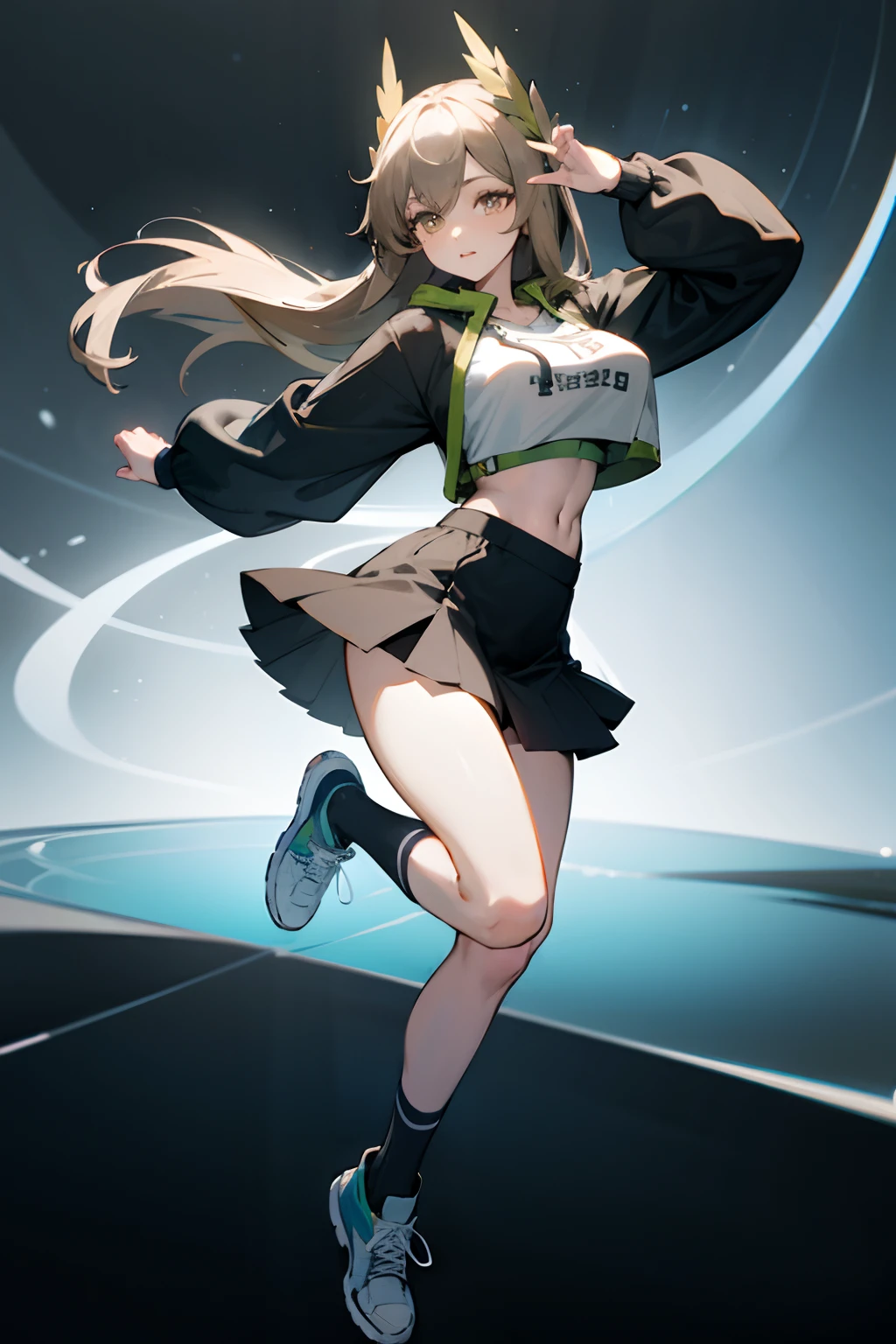 Bigboobs,cropped shoulders,knee length socks,pleatedskirt,athletic sneakers,hoody,Stand up