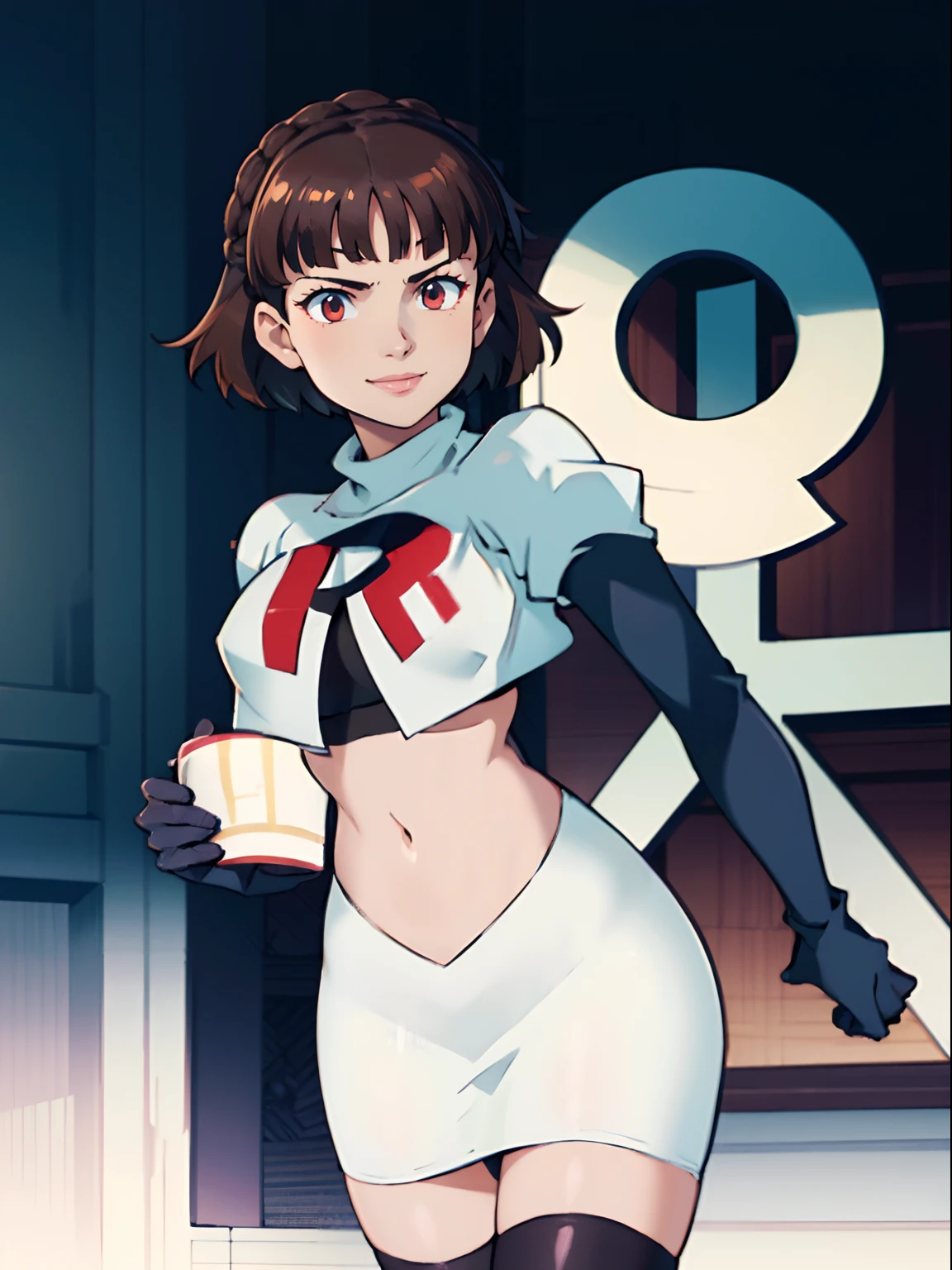 makoto nijima, blunt bangs, braid, brown hair, crown braid, team rocket uniform, red letter R, white skirt,white crop top,black thigh-highs,black elbow gloves, confident smile