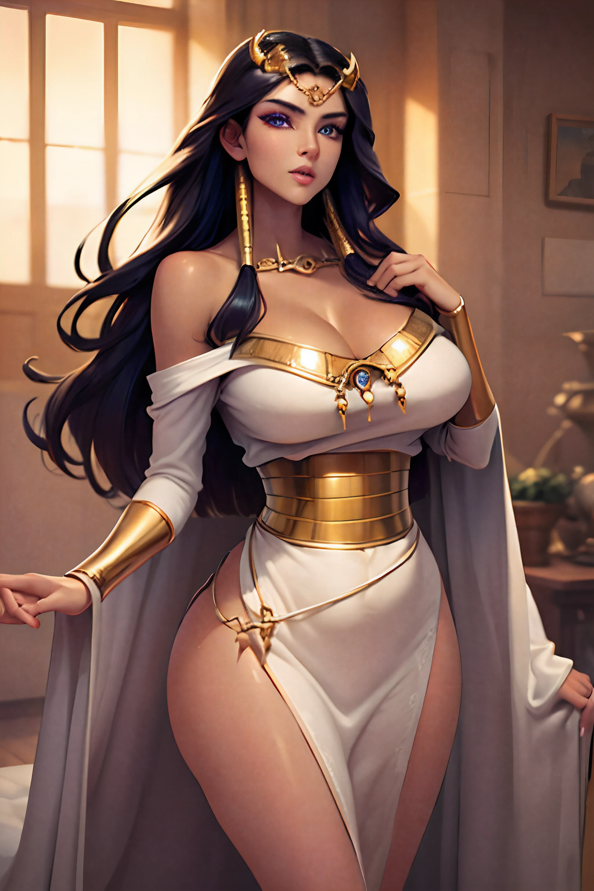 ishizu ishtar, 25 years old, [[[[full body]:1.2]]], perfect eyes, perfect iris, perfect lips, perfect teeth, perfect skin, soft front light, glow, HDR, (muted colors:1.2), tanned skin, cleavage, visible left tigh, blue eyes, seductive pose, standing, long robe, off shoulder, museum