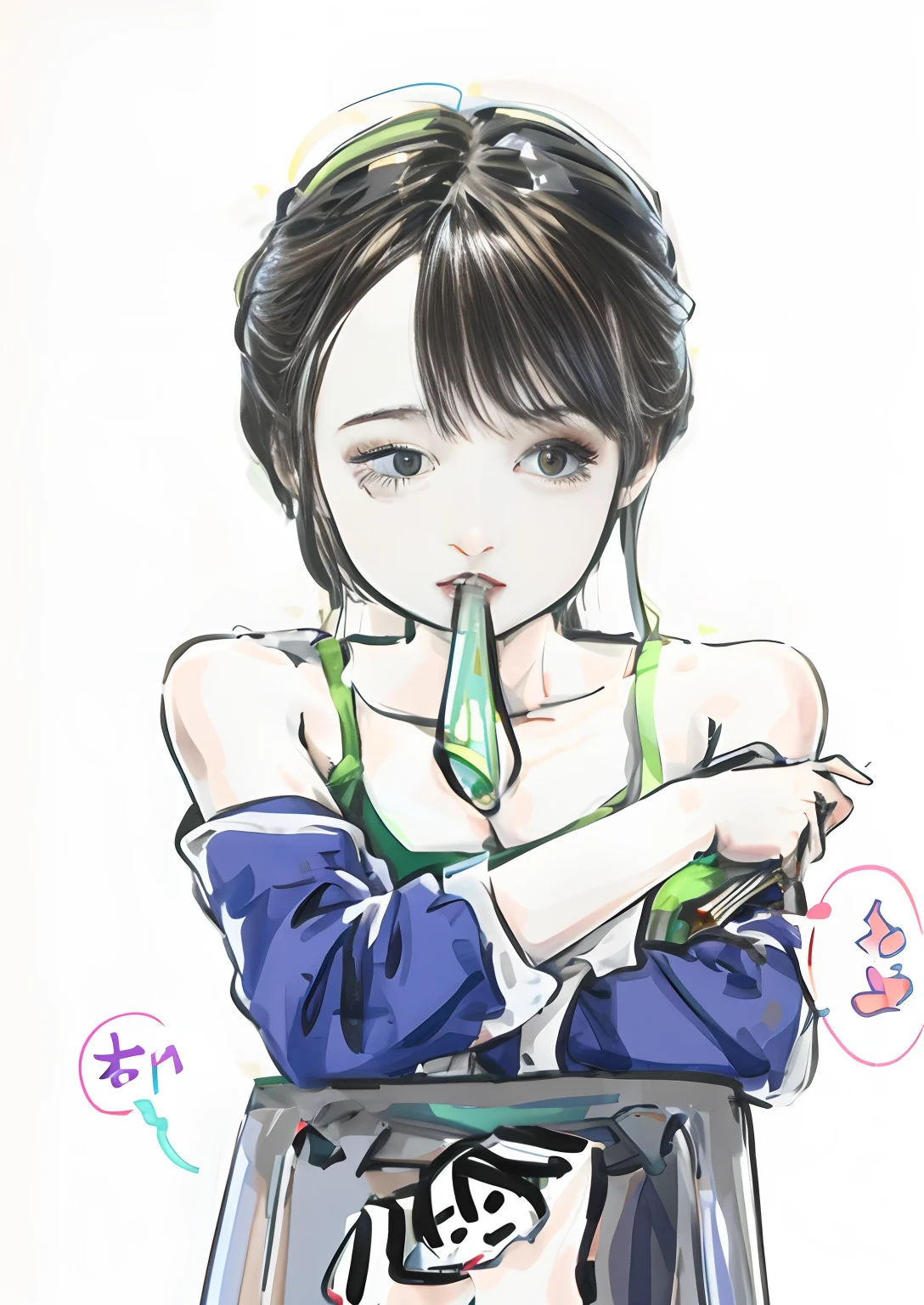 Anime girl with green tie sitting on stool, anime girl drinks energy drink, 奈良美智, high quality colored sketch, made with anime painter studio, [ 4 k digital art ]!!, Poses variadas, digital anime illustration, anime style portrait, In pixiv, pixiv, Seductive Anime Girl, high quality fan art