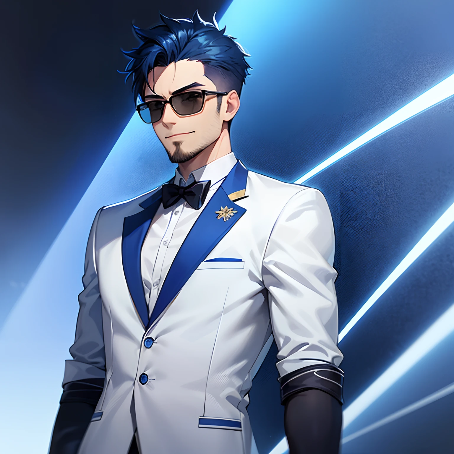 undercut haircut, handsome looking boy with light beard, attractive smile, blue attractive hair, blue suit with white shirt,wearing black sun glasses, 1 boy,solo,light goatee beard