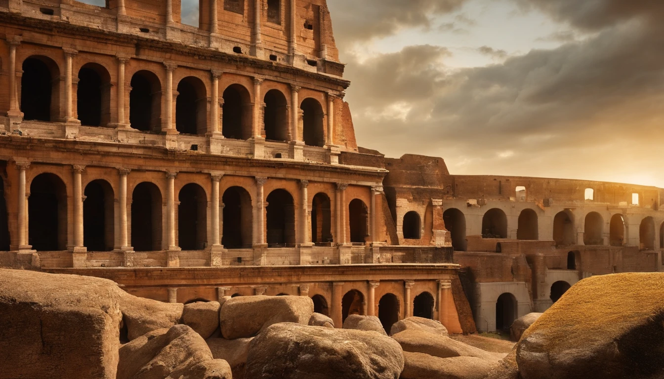 Guerrero espartano luchando en el Coliseo romano contra los leones