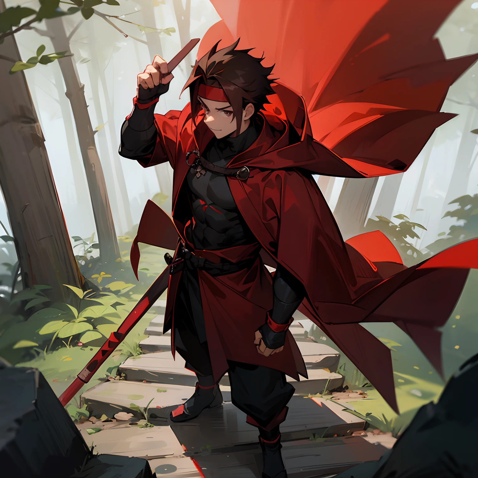1male, Adult, brown hair, spiky hair, red headband, red cloak, black Ninja Outfit, standing on path, forest pyramid, forest, facing viewer, confident expression