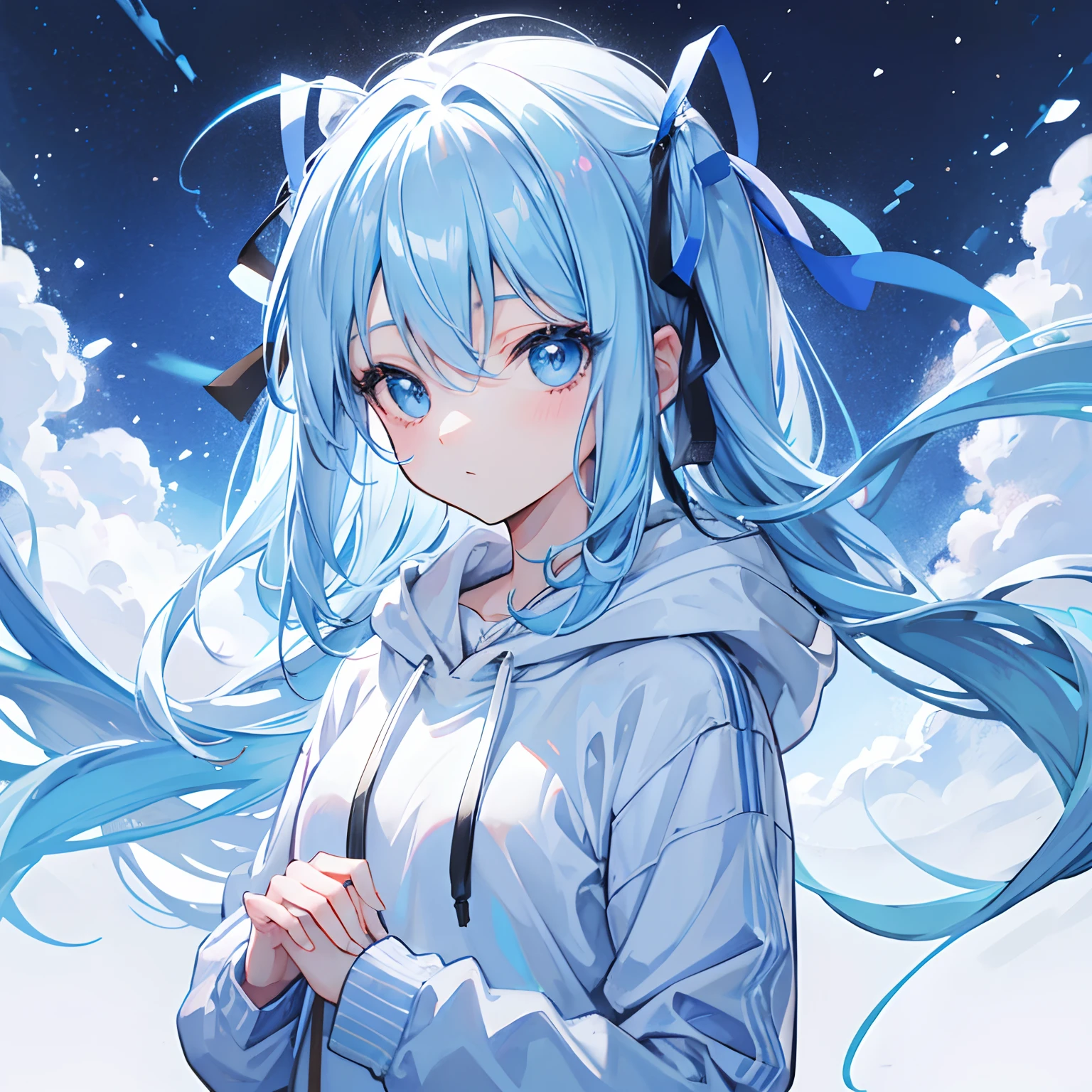 light blue hair,blue eyes,1girl,hair ribbon,winter,hoodie