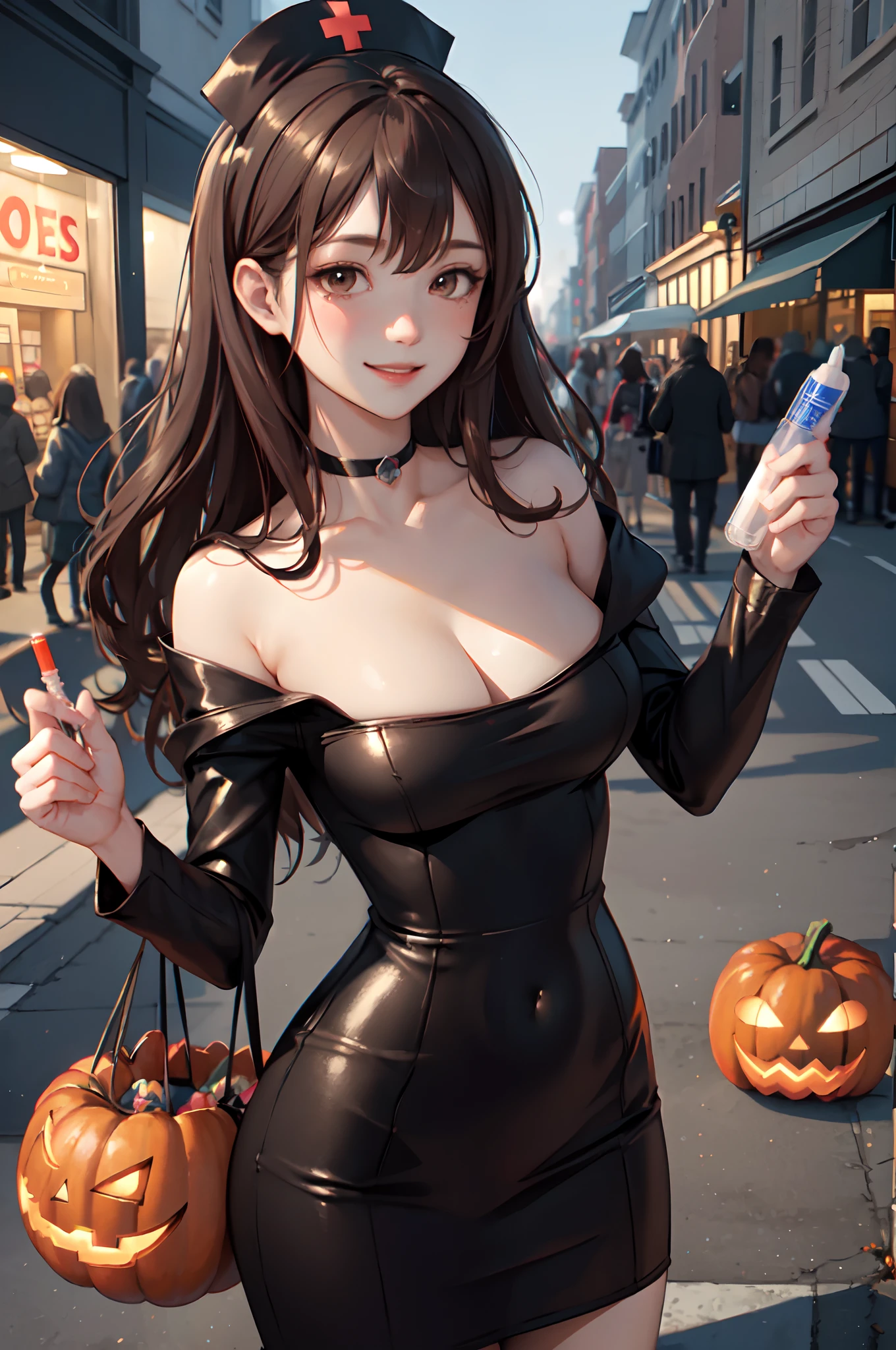 1lady standing, /(sexy nurse costume/) choker, holding syringe, /(brown hair/) bangs, blush kind smile, (masterpiece best quality:1.3) delicate illustration ultra-detailed , large breasts BREAK /(shopping streets/) outdoors, jack-o'-lantern Halloween parade, crowded audience