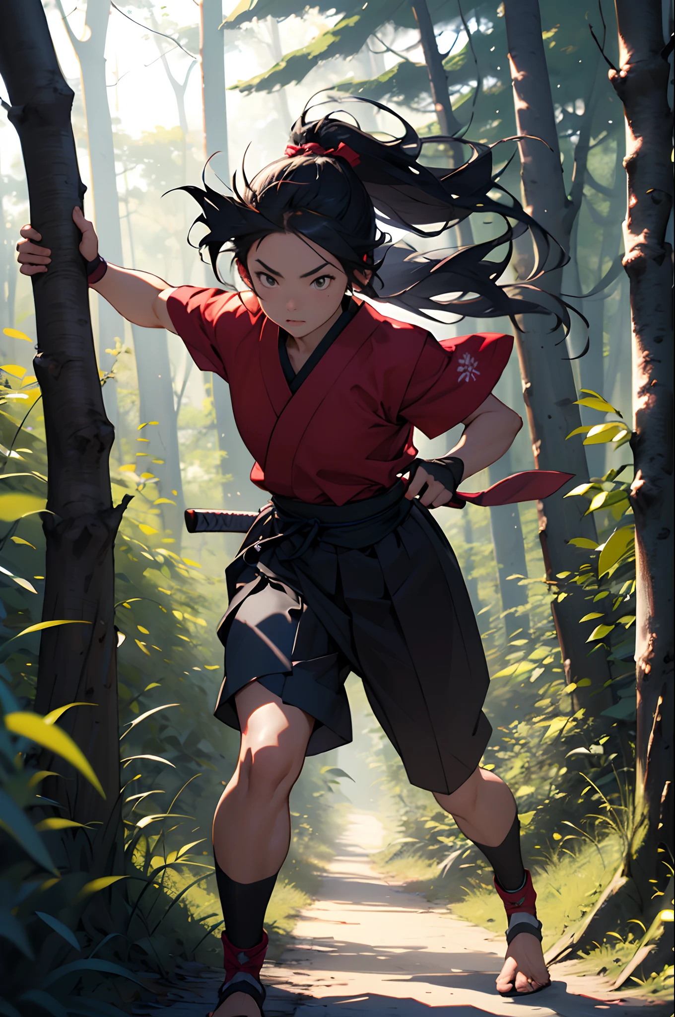 samurai girl running through the woods