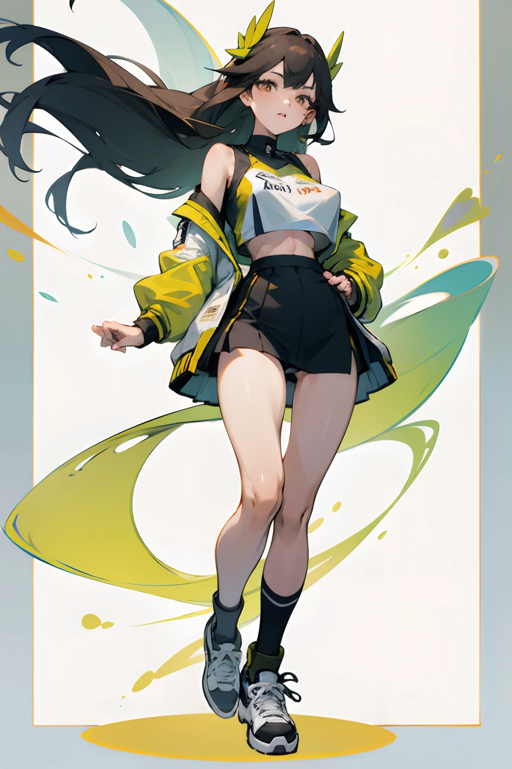 Bigboobs,cropped shoulders,knee length socks,pleatedskirt,No shoes on,Racing Wear,leotard skirt,open waist,cropped shoulders,Bare chest,Stand up,athletic sneakers