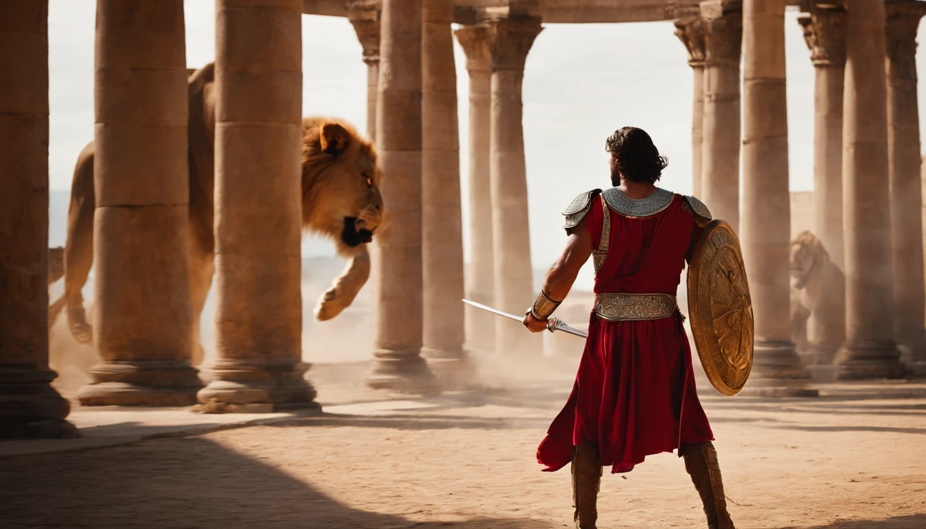 Un gladiador luchando en el Coliseo contra dos leones