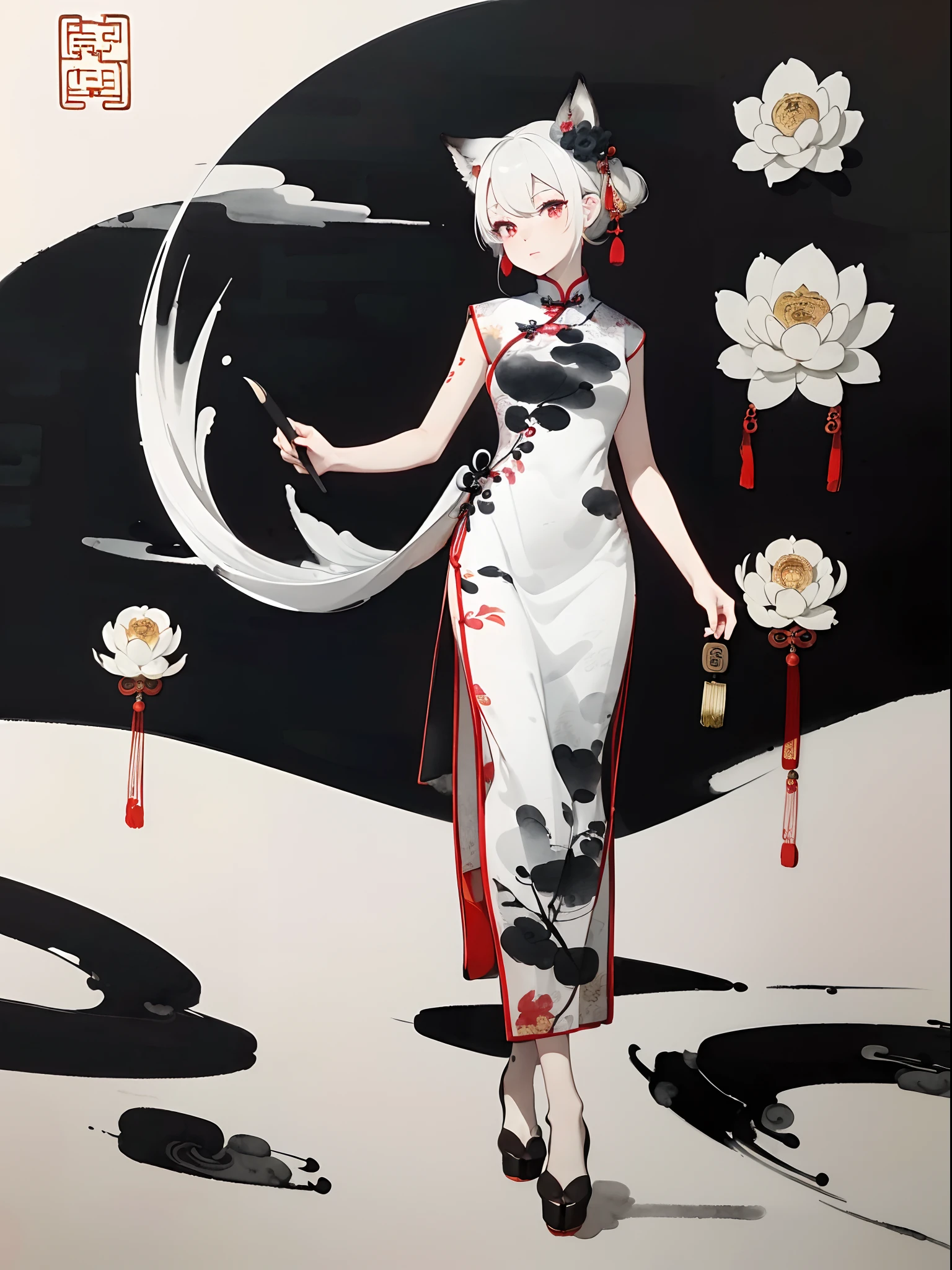 ((8K,​masterpiece、top-quality))、((Traditional Chinese Ink Painting:1.4)),lotuses,((qipao dress:1.3)),Dress conservatively ,独奏、white  hair、fox ear、blanche,looking at viewert