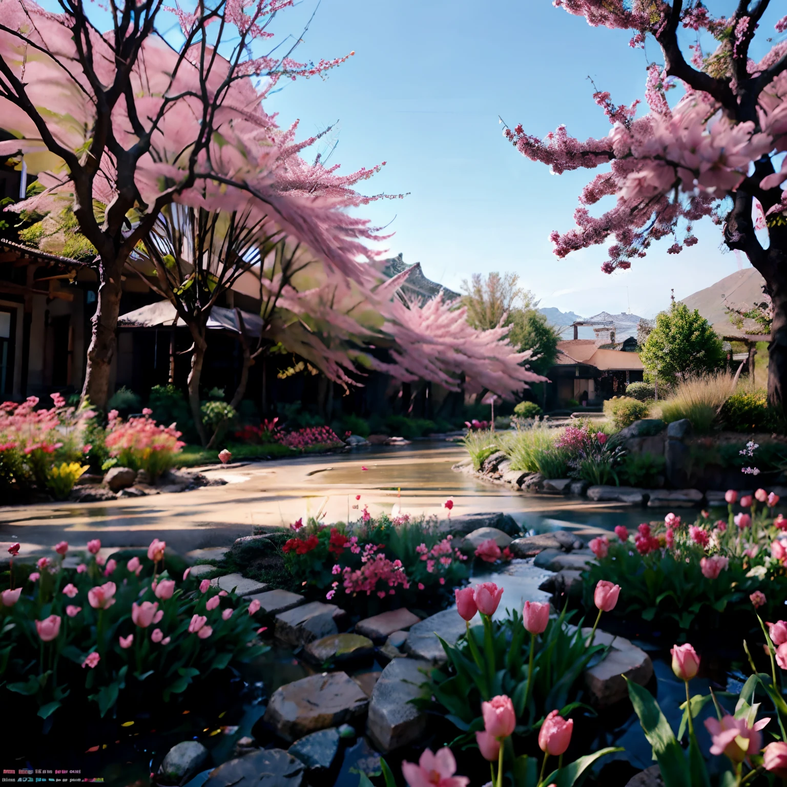 VIEWS OF THE SUN RISING AMONG THE MOUNTAINS IN A GARDEN FILLED WITH PINK TULIP FLOWERS AND A SMALL RIVER AS WELL AS A OULA WITH SAKURA TREES