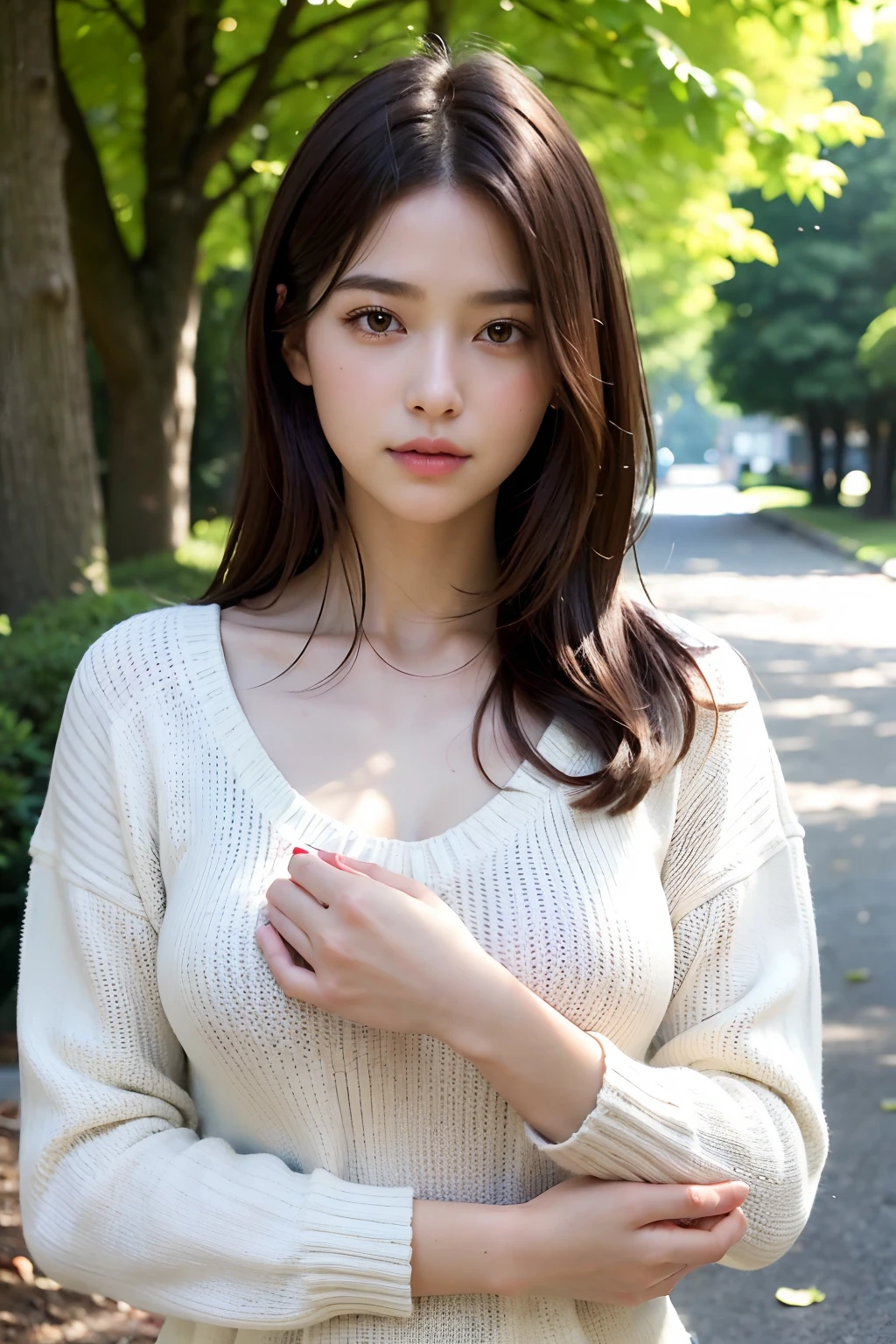 (8K, High resolution, highest quality, masterpiece:1.2)、1 Japanese girl, cute, girly, cute, gentle features、glossy lips、natural makeup, smile, (catch light:1.2), medium hair, Smooth light brown hair、hair swaying in the wind, bangs、8K、high detail、detailed hairstyle、detailed face、fine eyes、great movie lighting、octane rendering、vibrant、surreal、perfect limbs、perfect anatomy, beautiful proportions, cardigan, skirt,