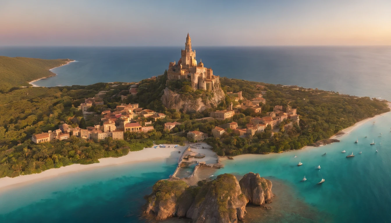 Aerial view of a hyper detailed fantasy world, com uma torre esmeralda no centro da cena, crystal clear waters, With the twilight sky, luz crepuscular, Sunset light, direction of light coming from the right side of the photo, photographic light, ultra foto realista, cinematic realistic photo, 4k, HD, camera R5 com lente de 35 mm --ar 16:9 --s 1000