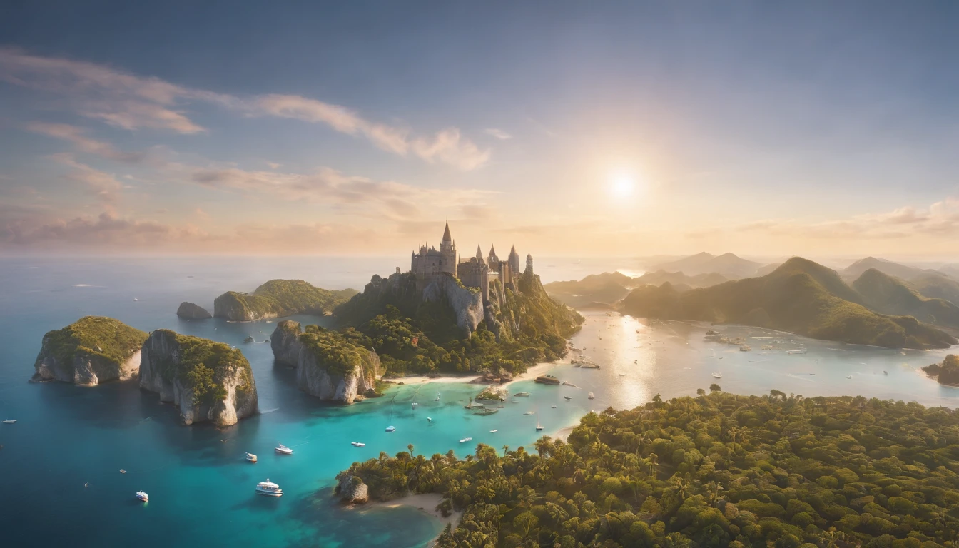 Aerial view of a hyper detailed fantasy world, com uma torre esmeralda no centro da cena, crystal clear waters, With the twilight sky, luz crepuscular, Sunset light, direction of light coming from the right side of the photo, photographic light, ultra foto realista, cinematic realistic photo, 4k, HD, camera  R5 com lente de 35 mm --ar 16:9 --s 1000