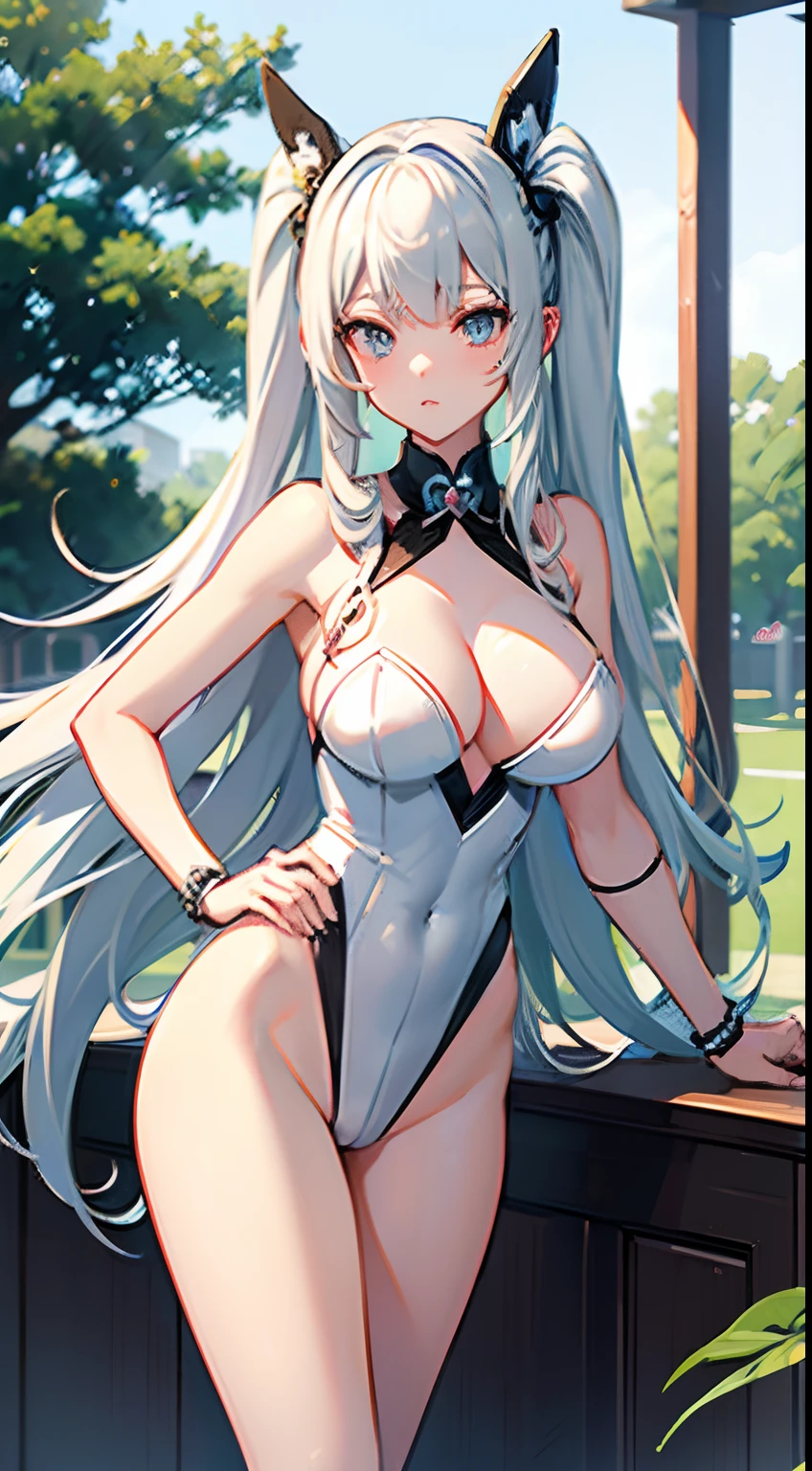((Best Quality)), (ultra-detailliert), ((Extremely detailed)), (Beautiful), ((Kawaii Girl)),(two side up hair)、((masutepiece)),Platinum Blonde Hair,Long hair, hair between eye, Wavy Hair, Long sideburns,Jade-colored eyes, White skin,Colossal tits、Rabbit ears,Slender body,playboy_bunny,Standing,Look Camera,One Woman,Anime