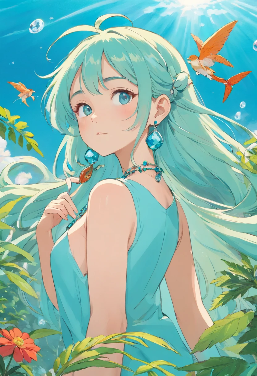 an anime girl, Long necklaces and earrings, ganja, colorful animation stills, Masami Teraoka, aquamarine, paul gauguin, Embry style, smokeing