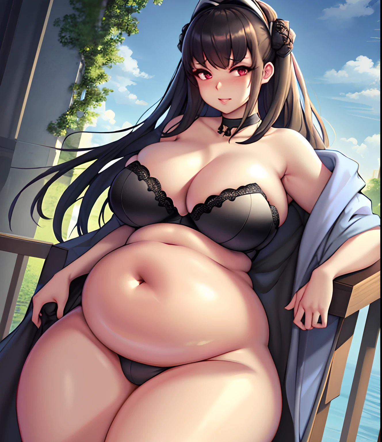 masterpiece, detailed, high quality, absurdres, art by kipteitei, 1girl, thicc, round_jiggly_belly, bigger_thighs, bigger_breasts , strapless bra, black bra, curvy, wide hips, pelvic curtain, leaning back ,chubby (best quality, masterpiece)