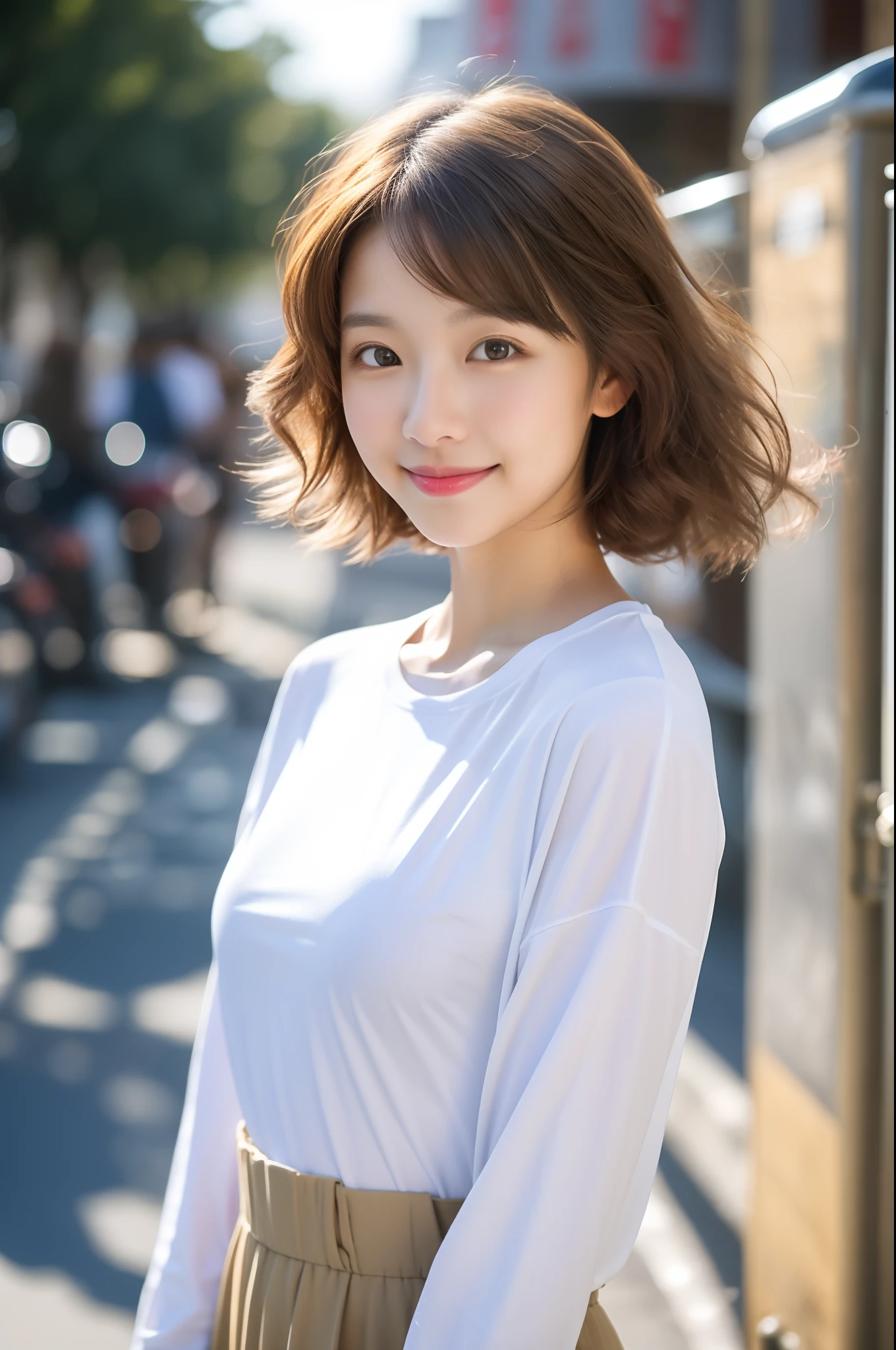 4K is realistic and beautiful,21 year old Japan girl,Standing at street,With fair skin,short-cut、light brown hair、gradation hair、Curly hair、She wears a white long-sleeved T-shirt with long sleeves,Slim and healthy,Petite bust、Fairy air flutters。Plain street scene on background,It's full of culture。Healthy smile