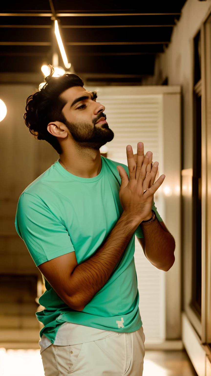 there is a man that is standing up with his hands in the air, still from a music video, edited in photoshop, doing a prayer, music video, a portrait of rahul kohli, performing a music video, profile picture 1024px, shot on sony a 7, holy man looking at ground, mixed art, shot on sony a 7 iii