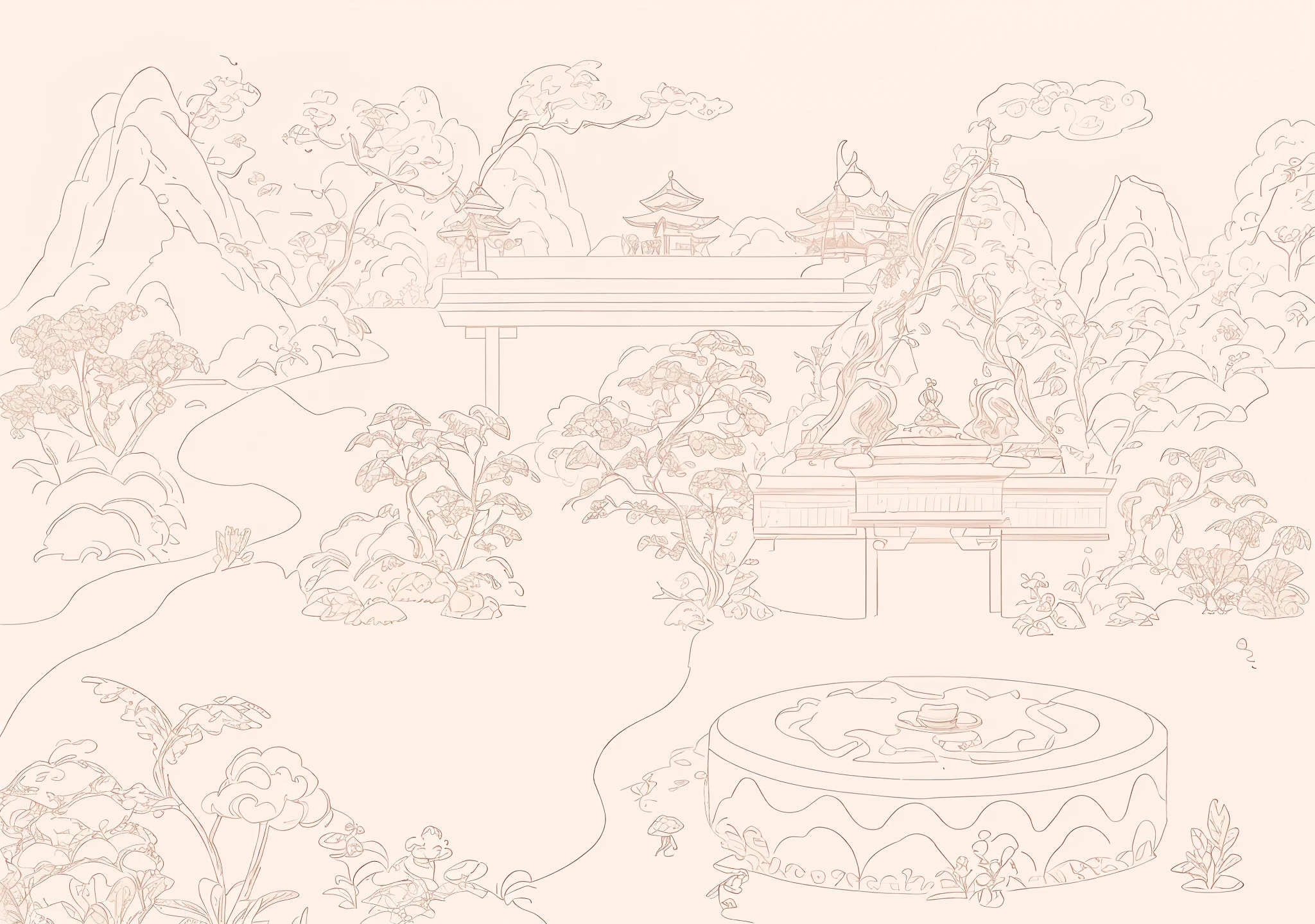 Coloring page with fountain and men's garden, 2d game lineart behance hd, 2d game lineart behance hd, full page illustration, background depicting a temple, Temple background, colouring - in sheet, highly detailed linework, stylized linework, line art illustration, inspired by Tawaraya Sōtatsu, clean lineart