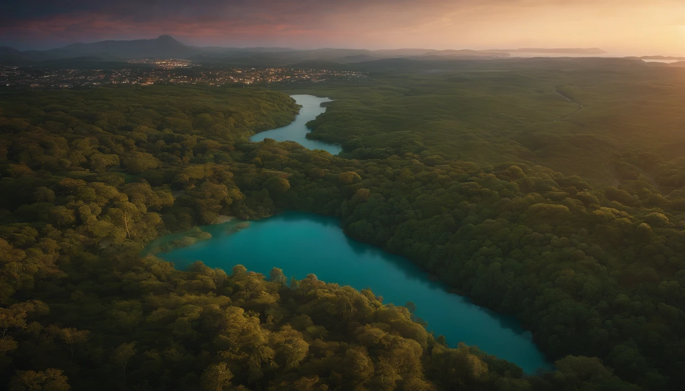 Aerial view of a hyper detailed fantasy world, com uma torre esmeralda no centro da cena, crystal clear waters, With the twilight sky, luz crepuscular, Sunset light, direction of light coming from the right side of the photo, photographic light, ultra foto realista, cinematic realistic photo, 4k, HD, camera R5 com lente de 35 mm --ar 16:9 --s 1000